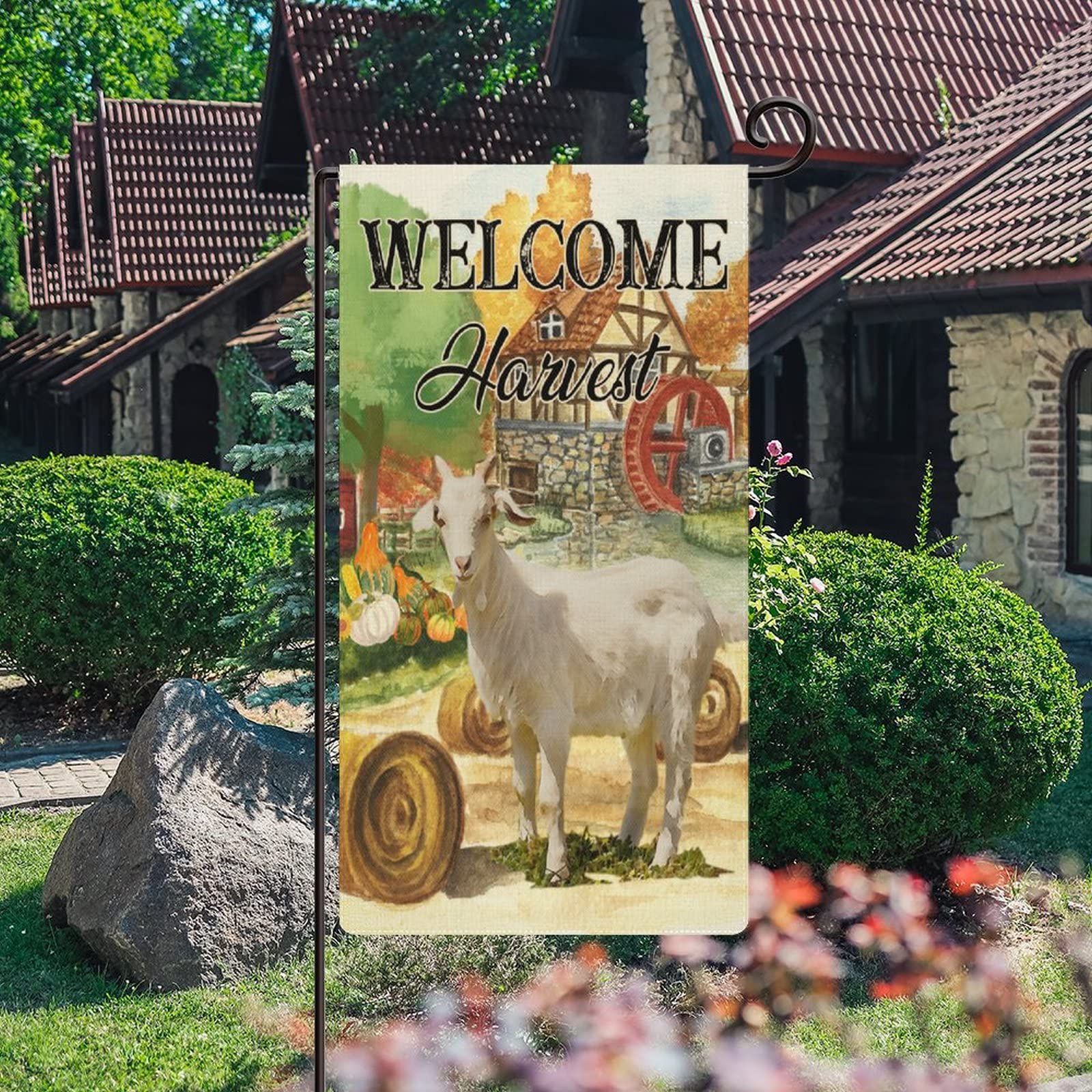 Farmhouse Fall Gold Farm Sheep Welcome Outdoor Yard Flag - Happy Thanksgiving Garden Decorative Flag 16x30in, Double Sided Cotton Linen Lawn Flag - Perfect for Autumn Porch Decor, Fall Welcome Sign, Seasonal Home & Yard Decoration