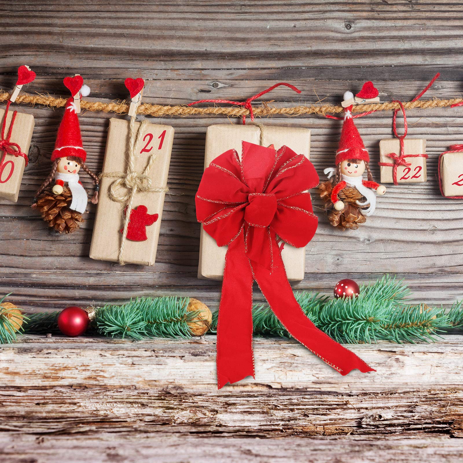 Red Velvet Christmas Bows with Gold Wired Edge - 6 Pack Holiday Ribbon Bows for Wreaths, Tree Decorations & Festive Home Decor - Perfect for Gift Wrapping, Stocking Hangers and Holiday Party Decorations