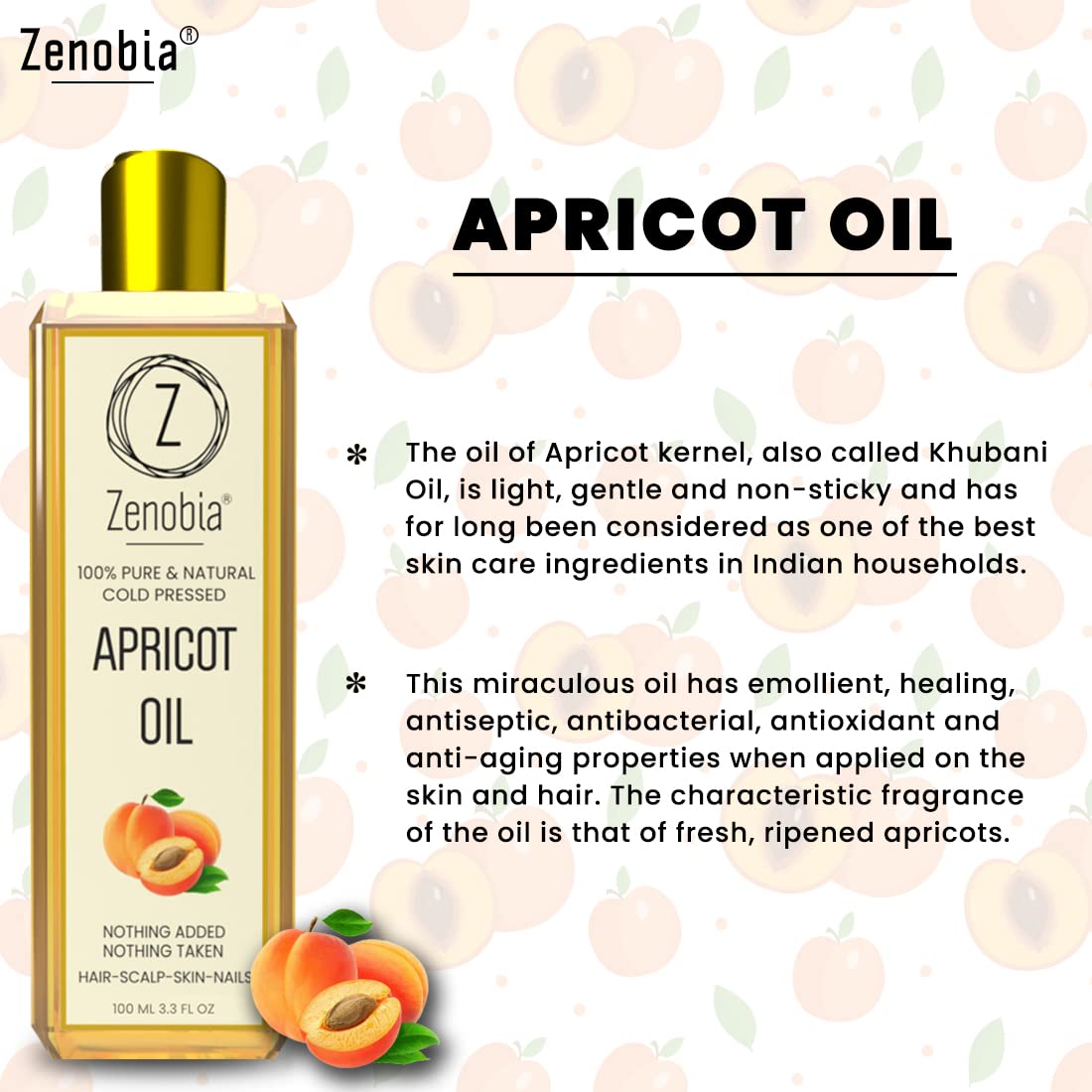 Zenobia Premium 100% Pure Cold Pressed Apricot Oil - Organic Hair Growth Treatment for Damaged Hair, Natural Skin & Body Moisturizer, Nail Care & Scalp Treatment, Non-GMO, 3.4 fl oz (100ml) - Perfect for Daily Hair Care, Skin Hydration & Nail Strengthening Routine