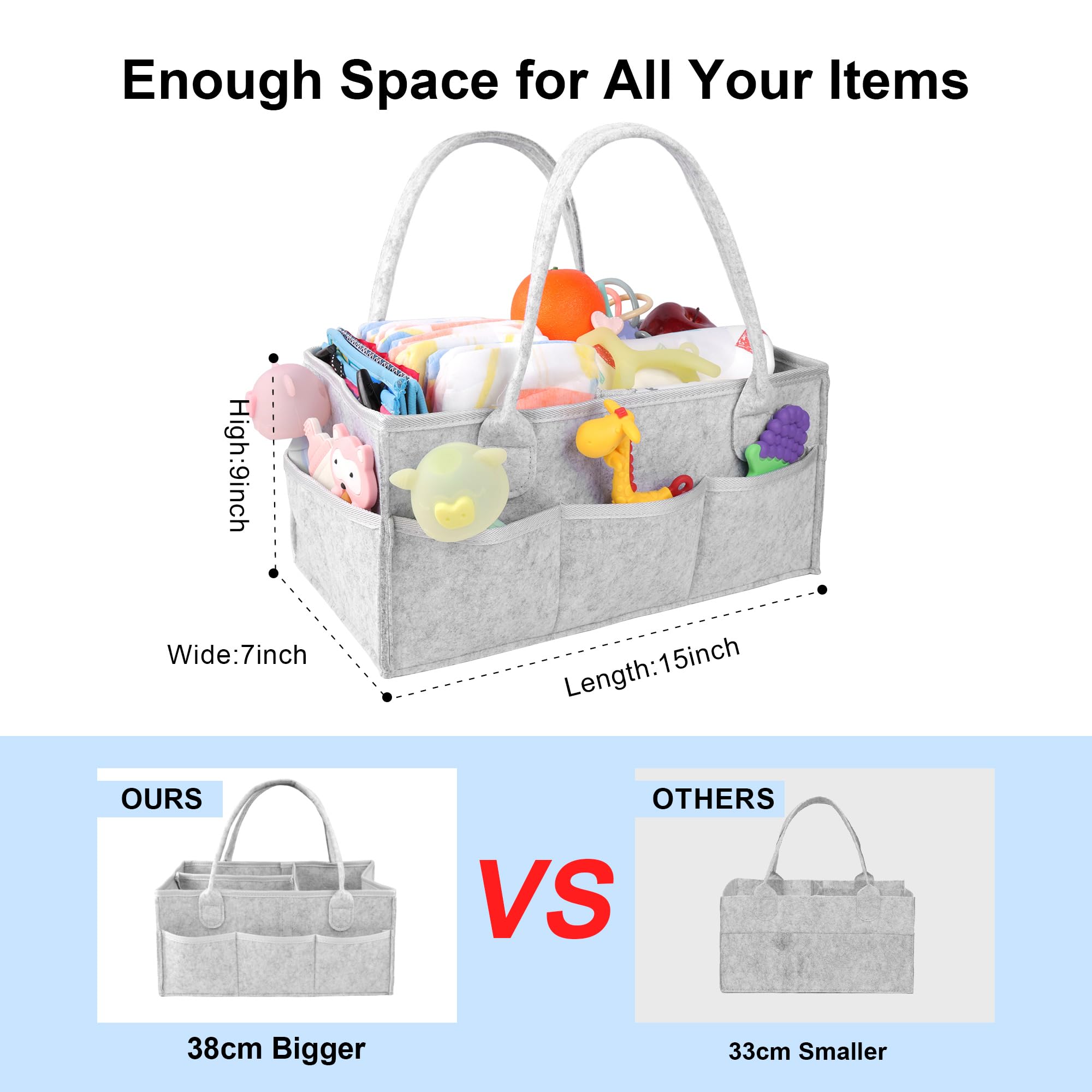 PHILORN Baby Diaper Caddy Organizer with Dividers & Handle - Portable Gray Felt Diaper Storage for Changing Table, Car, Nursery - Perfect Baby Shower Gift for New Parents
