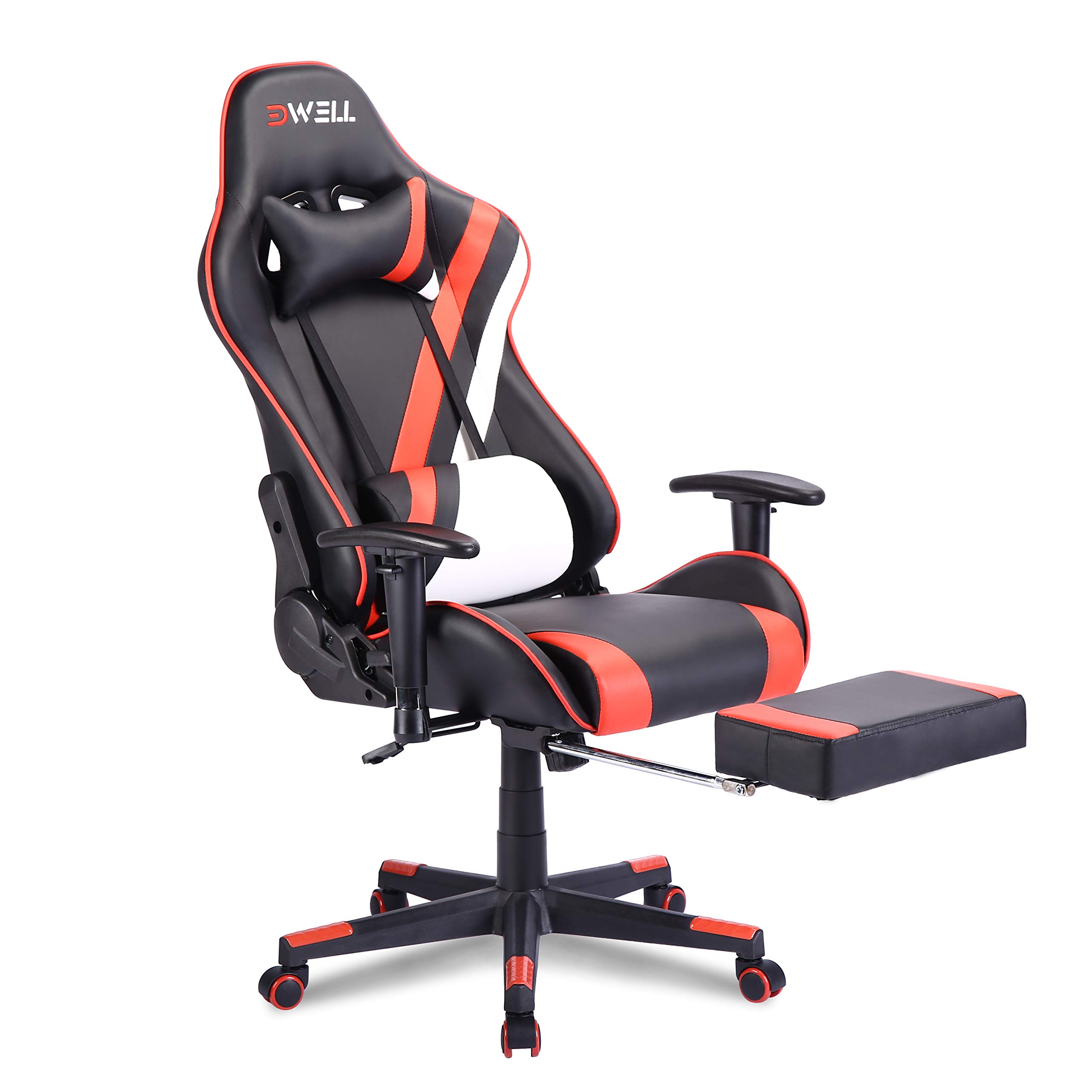 EDWELL Ergonomic Gaming Chair with Adjustable Footrest, Headrest & Lumbar Support - PU Leather Computer Office Desk Chair for Adults & Gamers (Bright Red) - Perfect for Esports, Streaming & Long Work Sessions