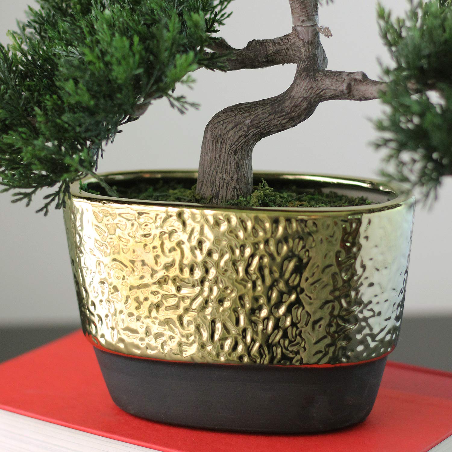 Northlight Decorative Artificial Japanese Bonsai Tree in Oval Gold Plated Ceramic Pot - 10 Inch Fake Mini Tree for Home Office Desk Decor, Zen Garden, Wedding Centerpiece, and Feng Shui Decorations