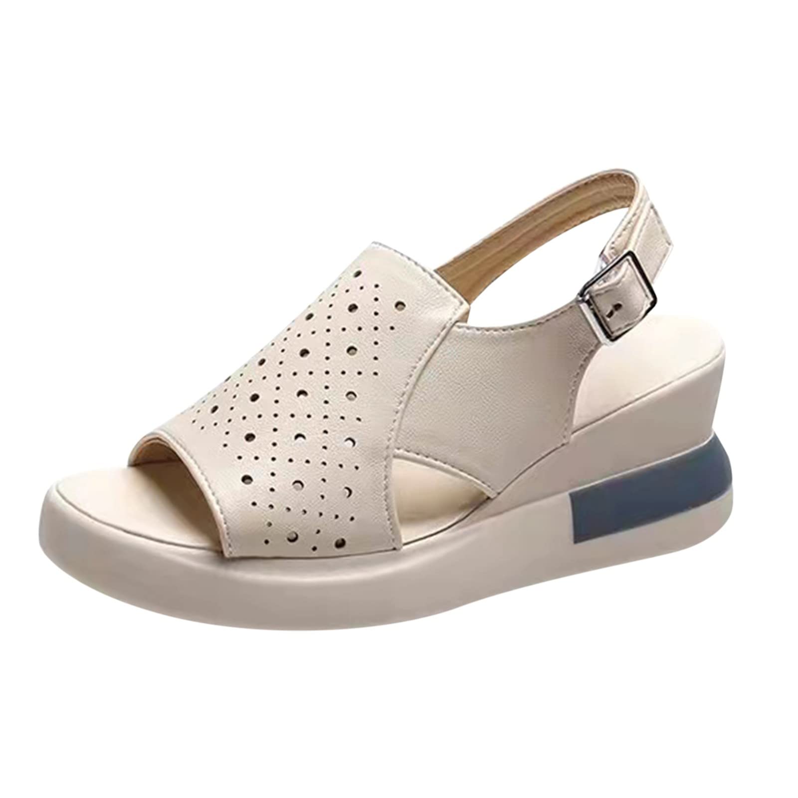 Women's Comfortable Leather Peep Toe Wedge Sandals - Summer Platform Heel Shoes Size 8 for Beach, Vacation & Casual Outings