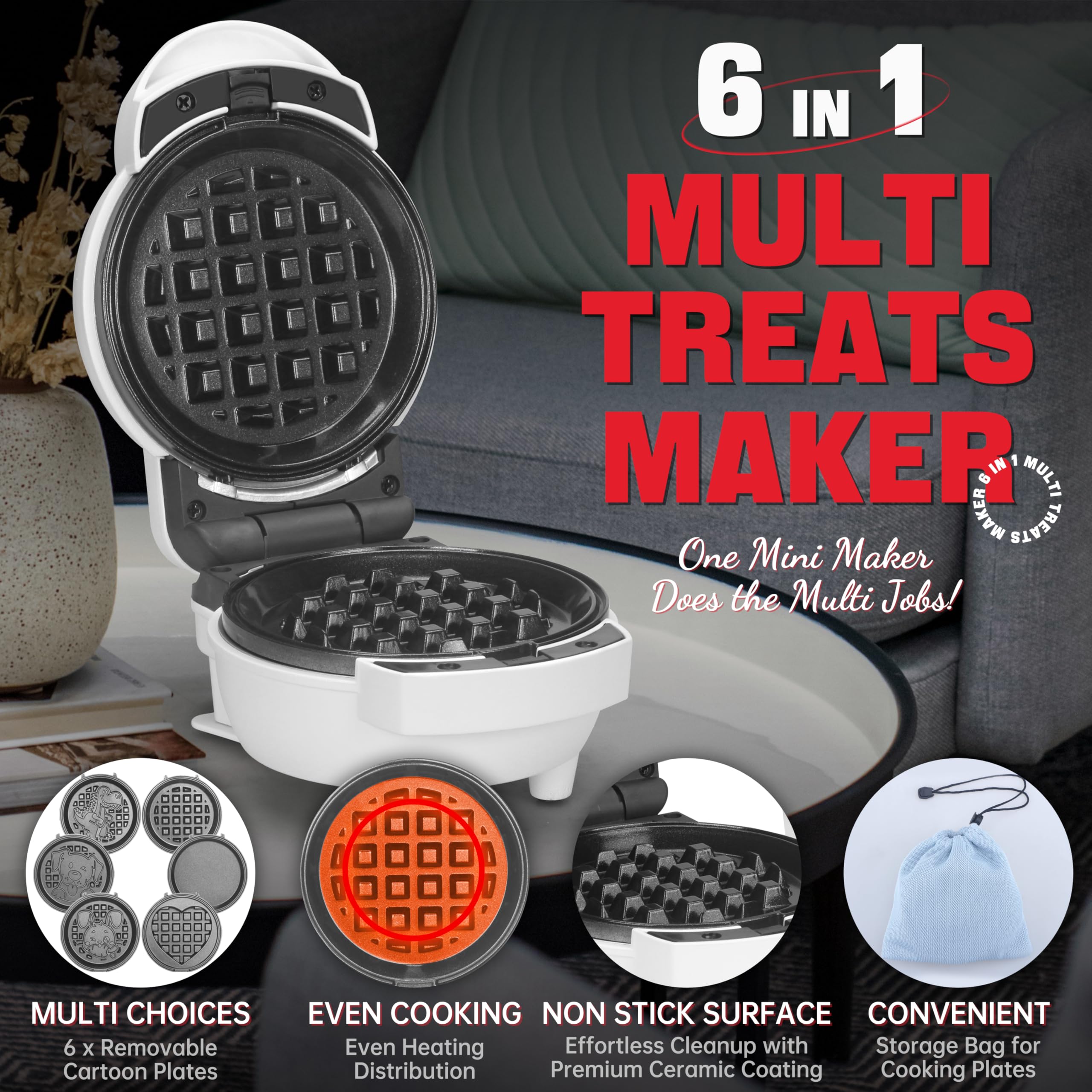 6-in-1 Mini Waffle Maker with 8 Interchangeable Plates - 4.5