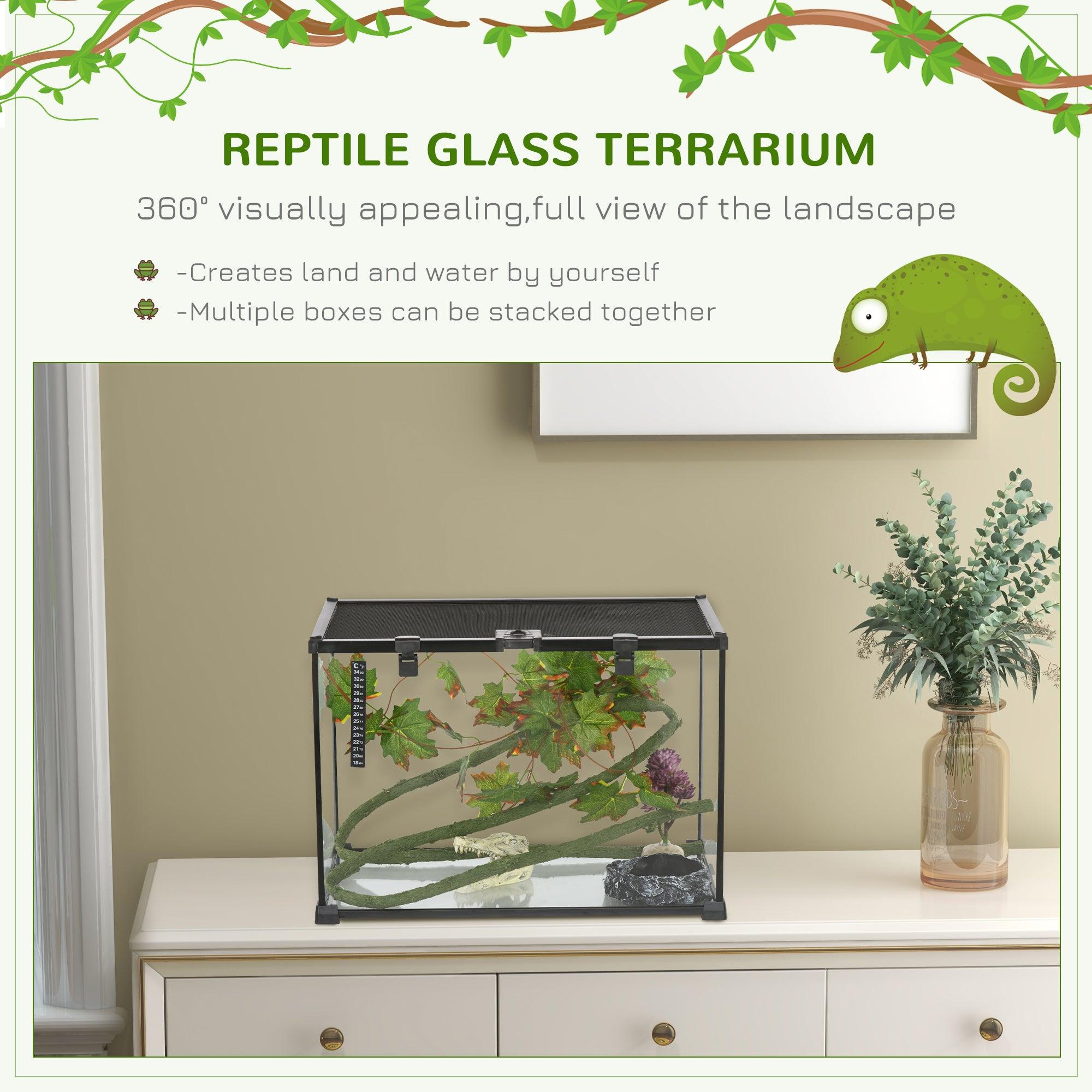 14 Gallon Glass Reptile Terrarium Tank with Decor Kit - Full View Breeding Enclosure for Lizards, Frogs, Snakes & Spiders - 20
