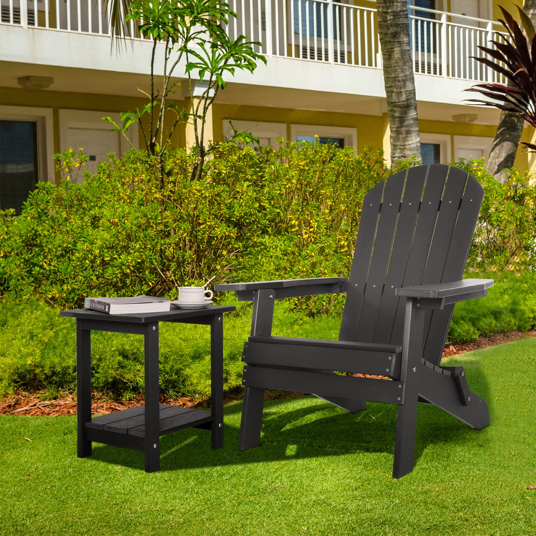 Weather-Resistant Double Adirondack Side Table - Black Wood Grain Outdoor Rectangular End Table for Patio, Garden & Poolside with Adirondack Chairs