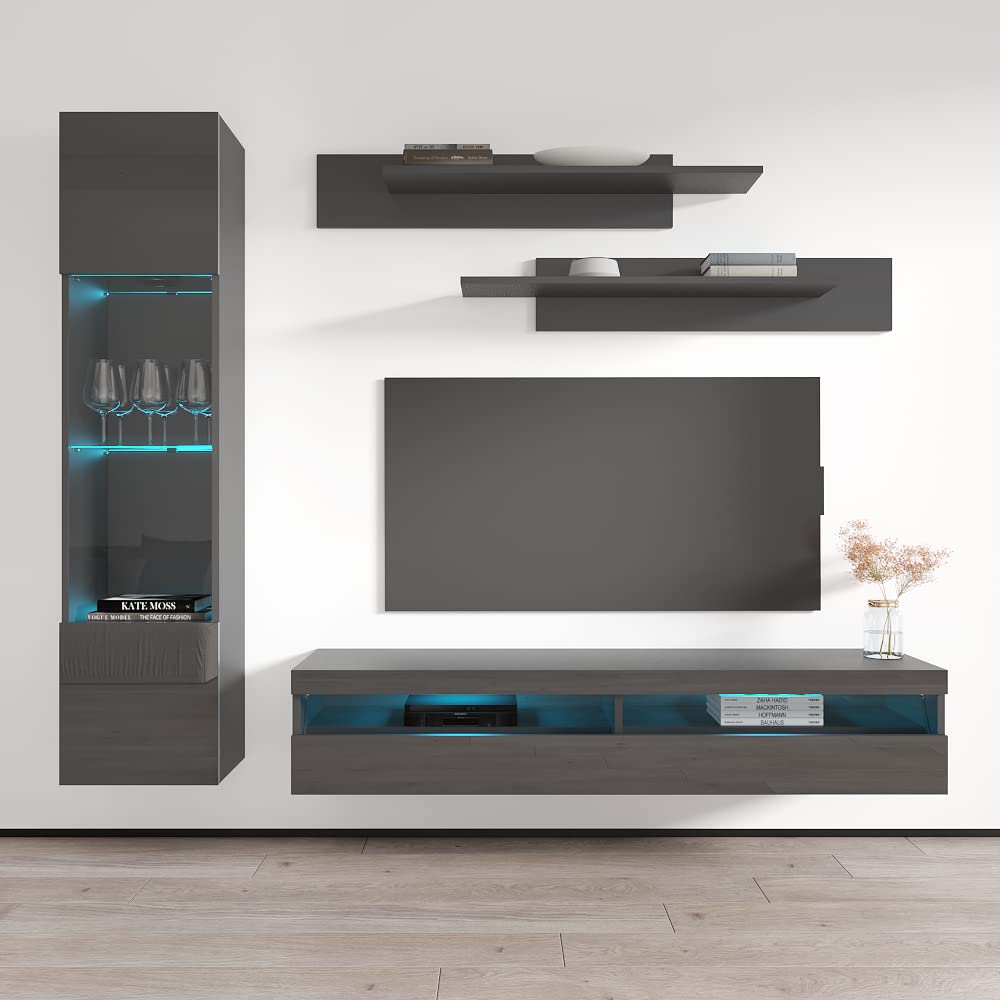 Modern Gray Wall-Mounted TV Stand with Storage Shelves & LED Lights - Meble Fly G35 Entertainment Center for Living Room & Bedroom - Space-Saving Media Console for Small Apartments & Home Theaters