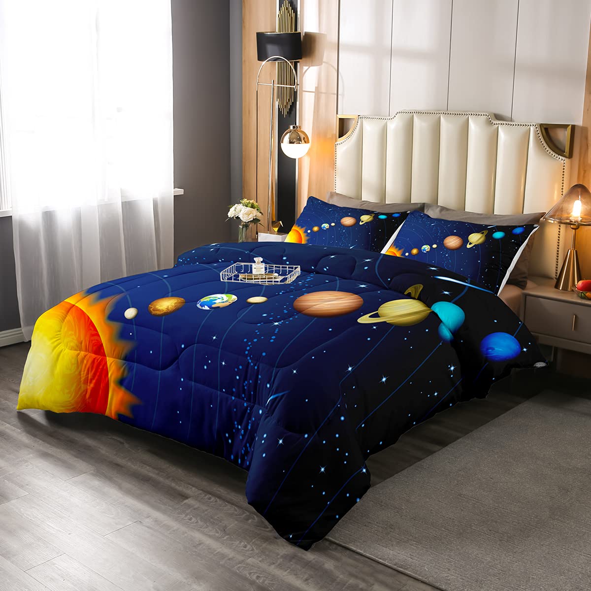 Erosebridal 5-Piece Boys Outer Space Comforter Set - Twin Size Bedding with Starry Sky Fitted Sheet, Space Themed Top Sheet & 2 Pillowcases | Perfect for Kids' Bedrooms, Space-Themed Decor & Gift Giving