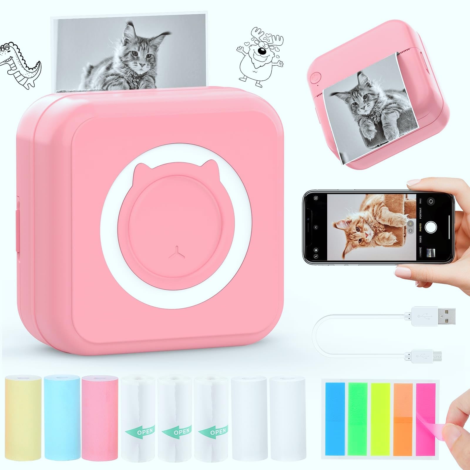 Inkless Sticker Printer for iPhone Android Tablet - Bluetooth Mini Pocket Printer with 8 Rolls Thermal Paper, Portable Printer for School Notes Journal Memo Photos - Perfect for DIY Crafts, Scrapbooking & Home Organization (Pink)