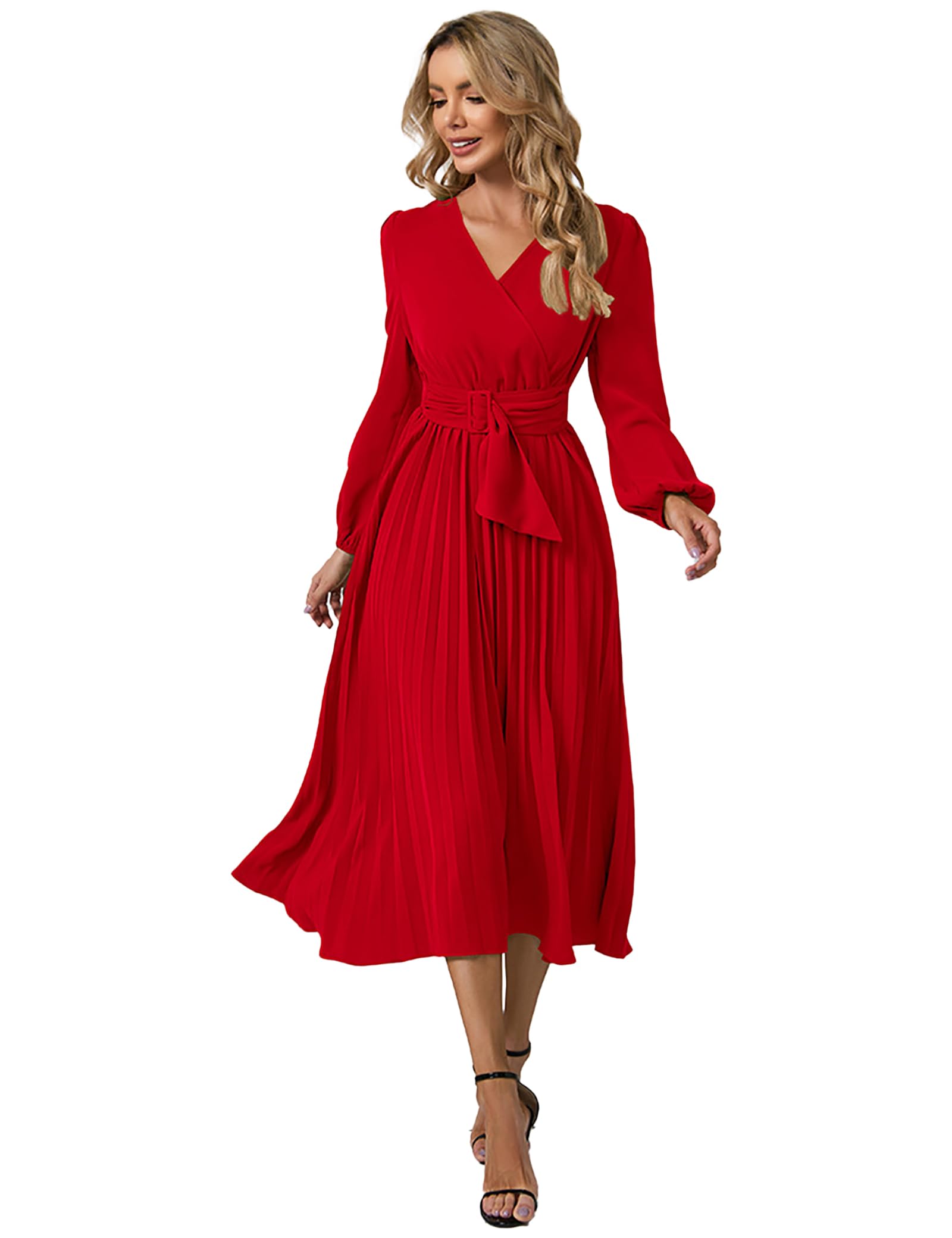 SDEER Women's Casual Midi Dress - V Neck Long Sleeve Pleated High Waist Flowy Dress for Wedding Guest, Party, Office & Everyday Wear