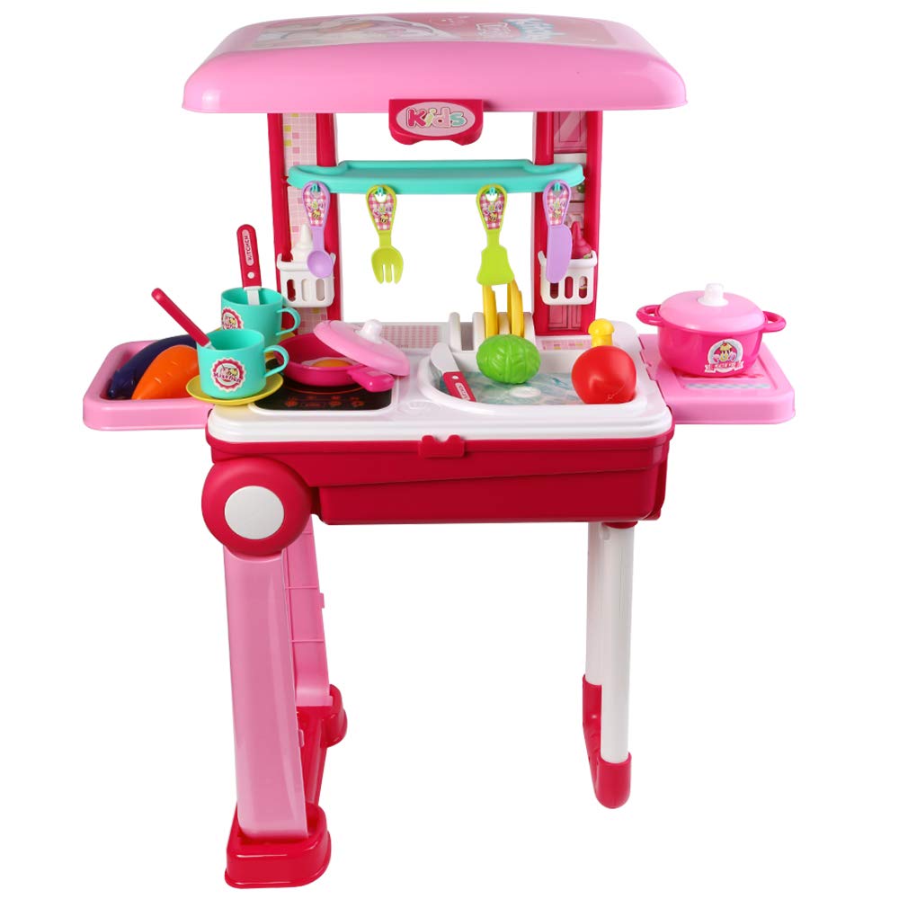 2 in 1 Pretend Play Kitchen Toy Set - Portable Travel Suitcase Kitchen Playset for Kids | Perfect for Indoor & Outdoor Role Play Games, Birthday Gifts for Boys & Girls Ages 3-6