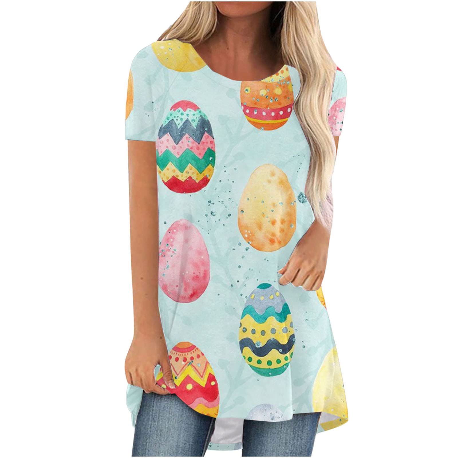 Women's Short Sleeve Crewneck Tunic Top - Cute Easter Bunny Rabbit Egg Print Casual Blouse for Spring Outfits & Easter Gifts | Perfect for Brunch, Church, and Holiday Celebrations