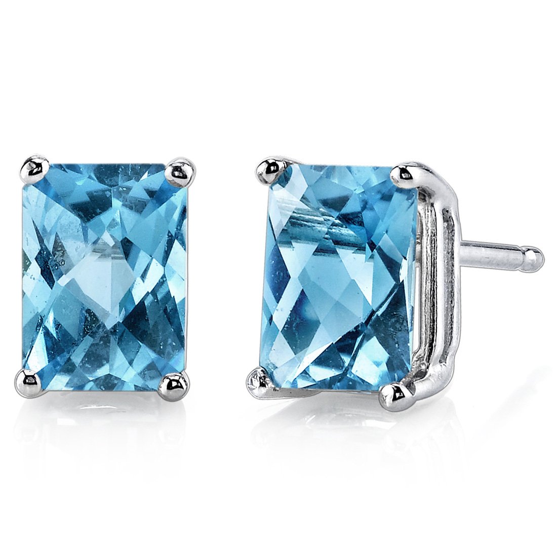 Peora 14K White Gold Swiss Blue Topaz Stud Earrings for Women – Genuine 7x5mm Radiant Cut Gemstone (2.25ct Total) with Secure Friction Back – December Birthstone Jewelry – Perfect for Weddings, Anniversaries & Special Occasions