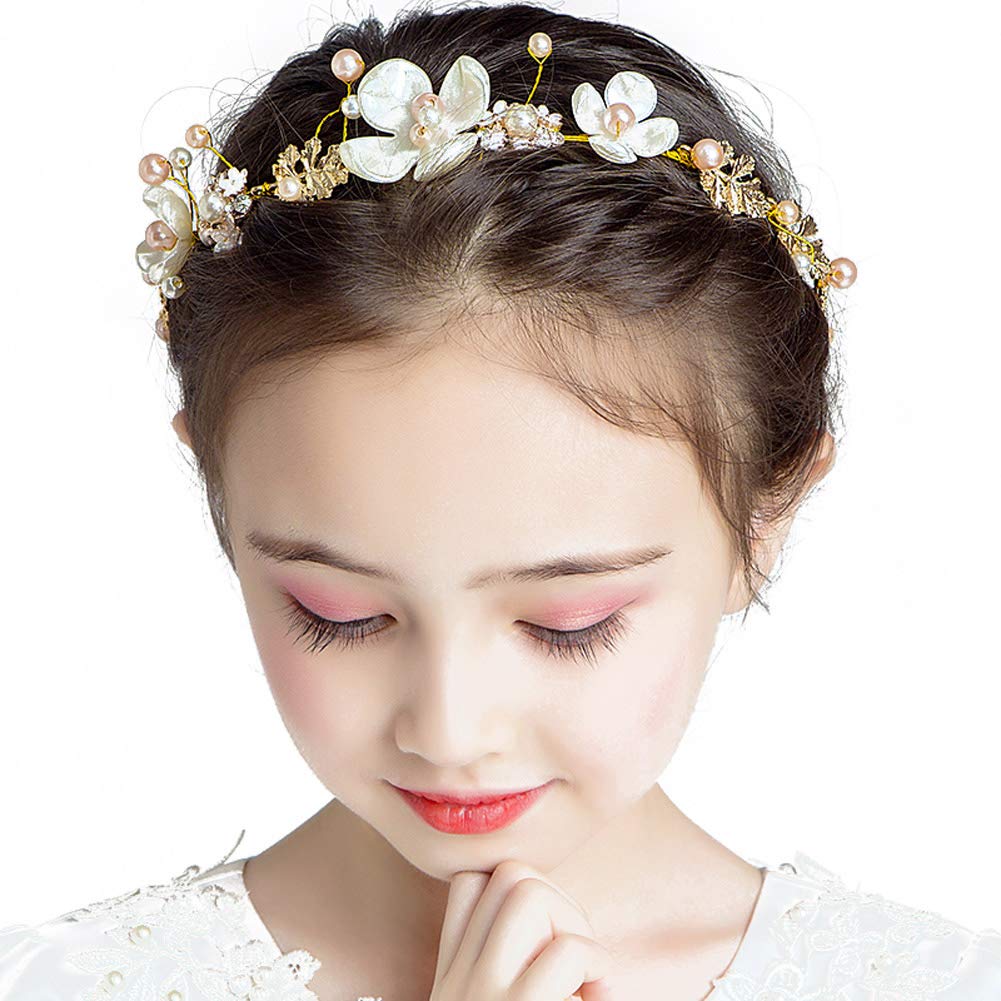 PRDGIRL Floral Pearl Tiara Headband for Girls & Women - Gold Wedding Hair Accessories for Flower Girls, Bridesmaids, First Communion, Princess & Bridal Events - Elegant Headpiece for Special Occasions