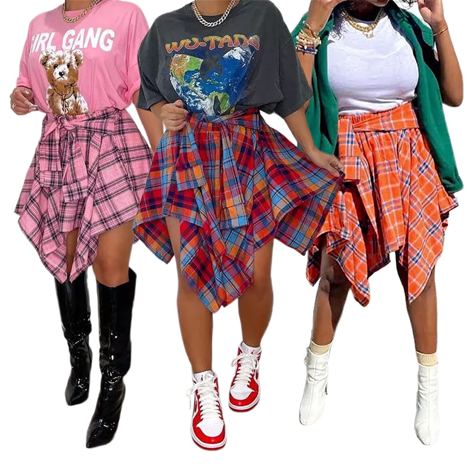 Women's High Waisted Plaid Skater Skirt with Knot Front & Asymmetrical Hem - Stylish Mini Skirt for Casual Outings, Parties & Fall Fashion