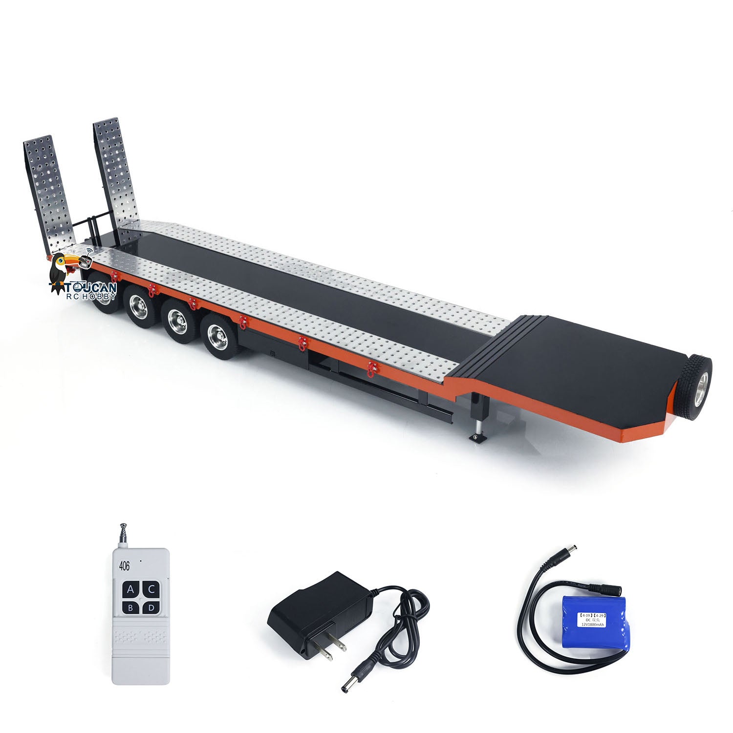 1:14 Scale 4 Axle Metal RC Trailer for Tractor Trucks - Electric Tailgate, Adjustable Legs, Pre-Painted & Assembled DIY Model - Perfect for RC Car Enthusiasts & Collectors