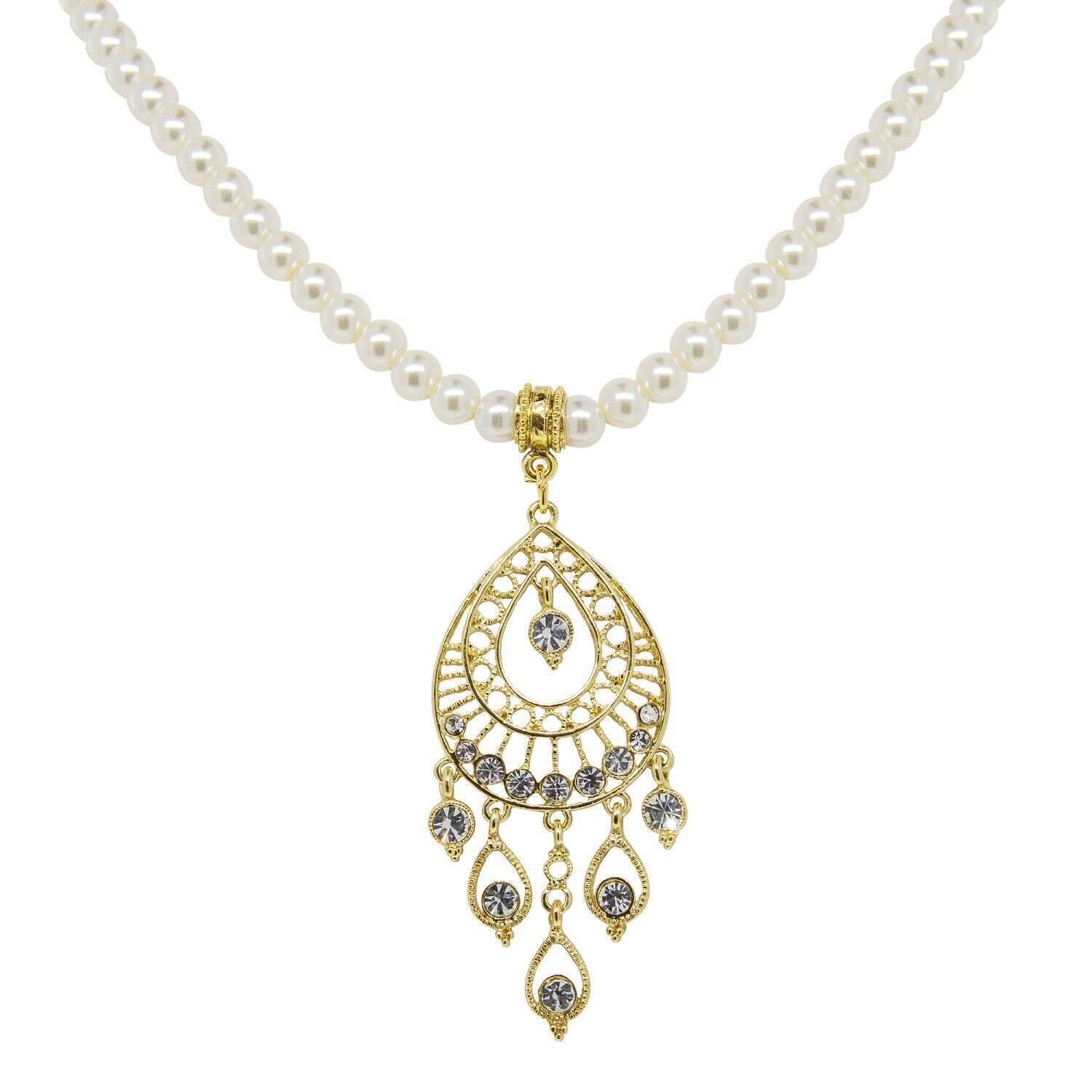 1928 Bridal Crystal Filigree Drop Necklace with 6mm Faux Pearl Strand - Vintage Inspired Wedding Jewelry for Brides, Bridesmaids & Formal Occasions