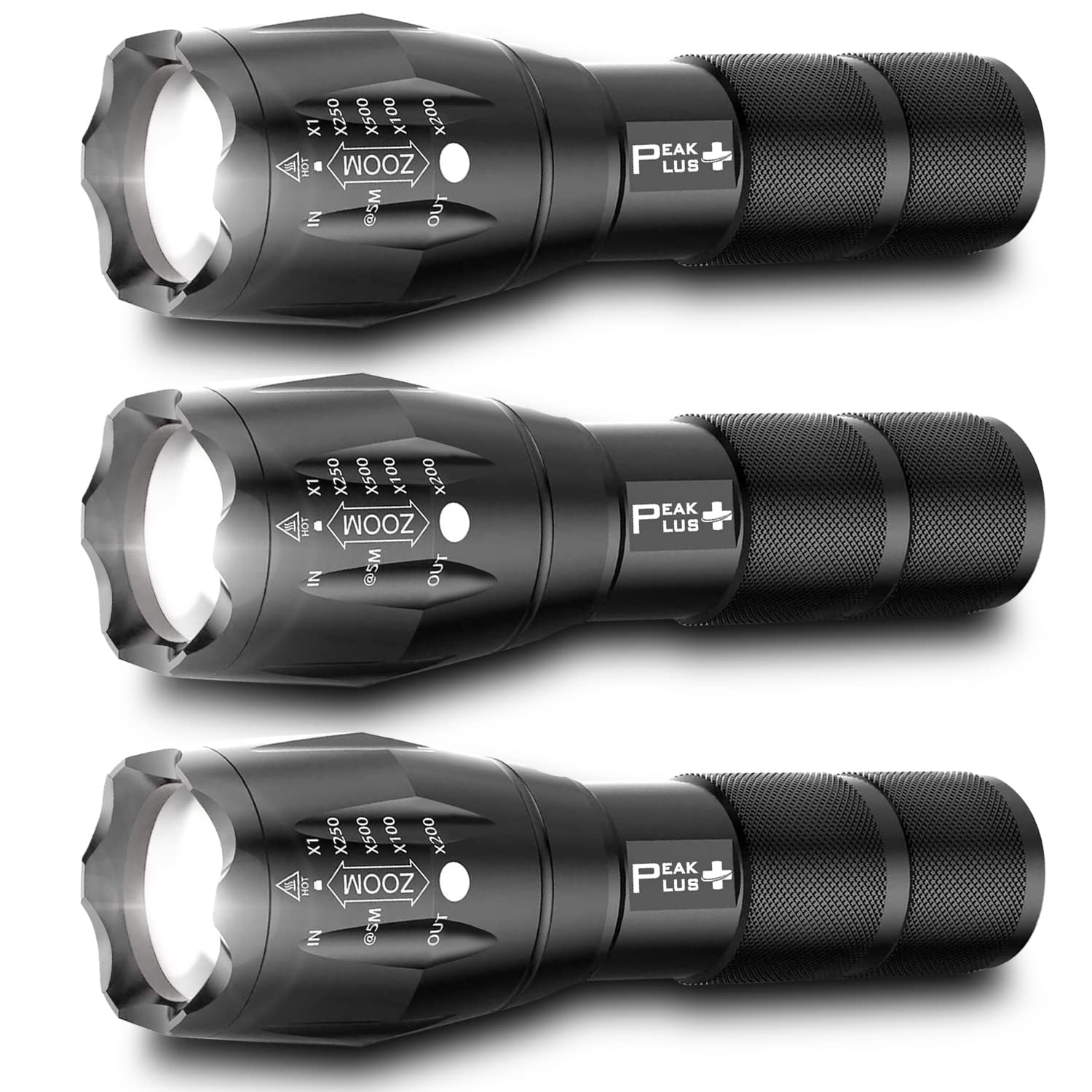 PeakPlus LED Tactical Flashlight 1000 Lumens - Zoomable 5 Mode Bright Flashlight for Camping, Hiking, Emergency - Waterproof Handheld Torch with Batteries (3 Pack) - Perfect for Outdoor Adventures, Power Outages & Home Security