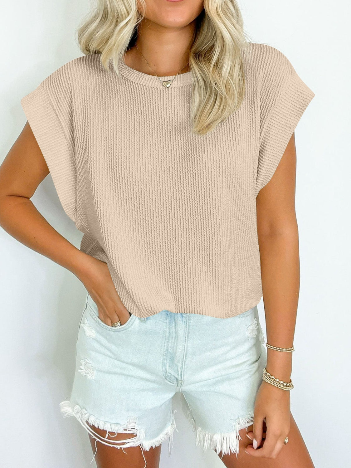 Lovelet Textured Round Neck Cap Sleeve Blouse for Women - Elegant Casual Top for Office, Date Night & Summer Outfits