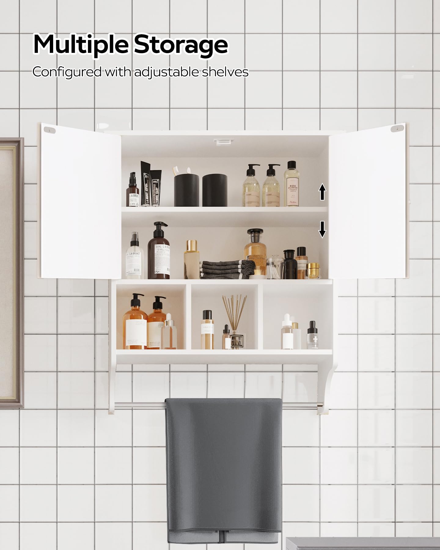 Space Saving Medicine Cabinet with 2 Doors & Adjustable Shelves - Wall Mounted Bathroom Storage Organizer for Toilet, Living Room, Kitchen - Includes Towel Rack (White) | Perfect for Small Bathrooms & Compact Spaces