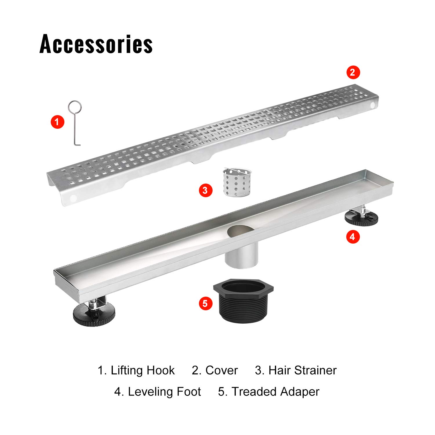 SaniteModar 60-Inch Linear Shower Drain - AISI 304 Brushed Stainless Steel with Removable Square Hole Panel, Adjustable Feet & Hair Catcher - Perfect for Modern Bathroom Renovations and Walk-In Showers