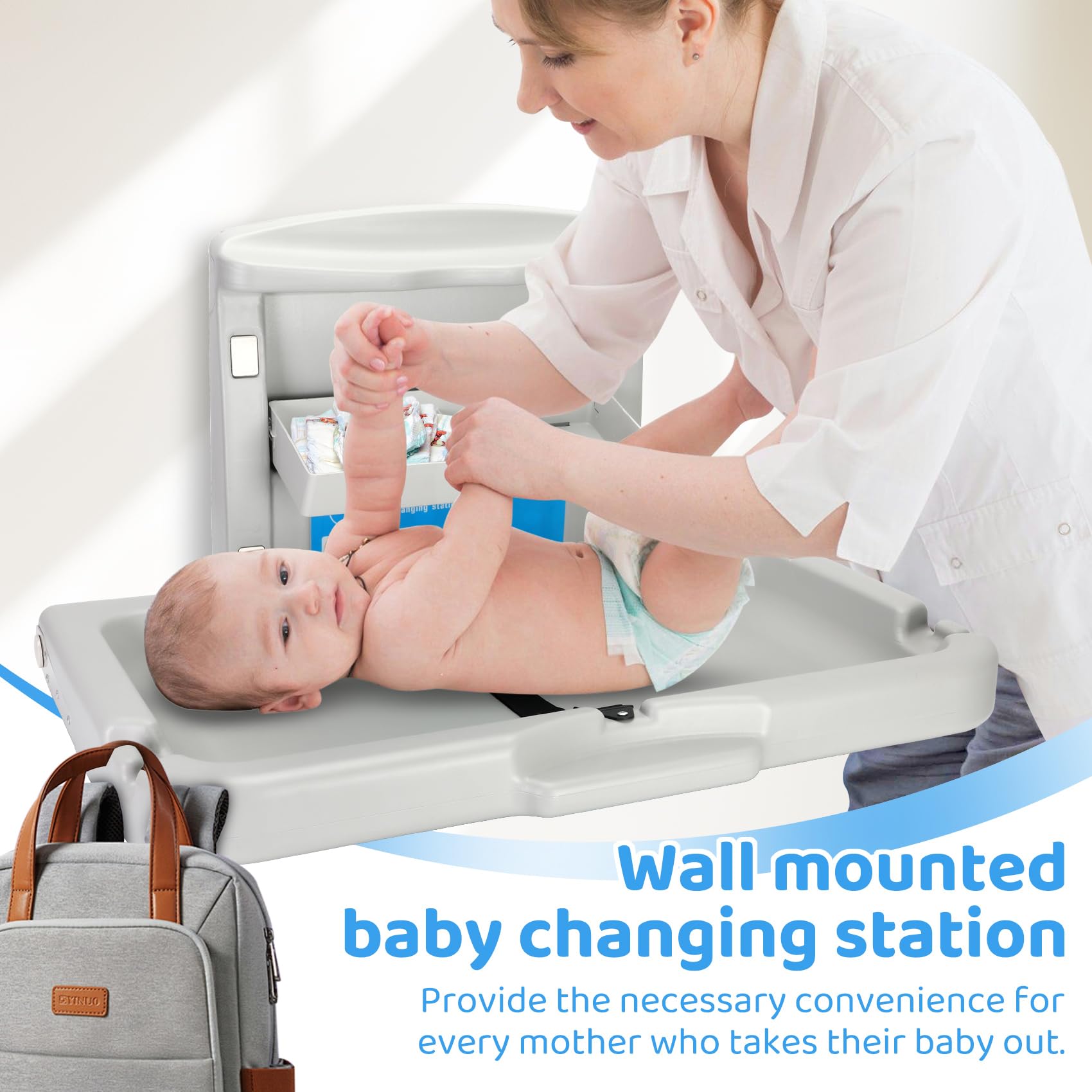 Commercial Baby Changing Station - Wall Mounted Foldable Diaper Changing Table with Storage Box, HDPE Safe Material Supports 60lbs - Perfect for Daycares, Restrooms & Nurseries