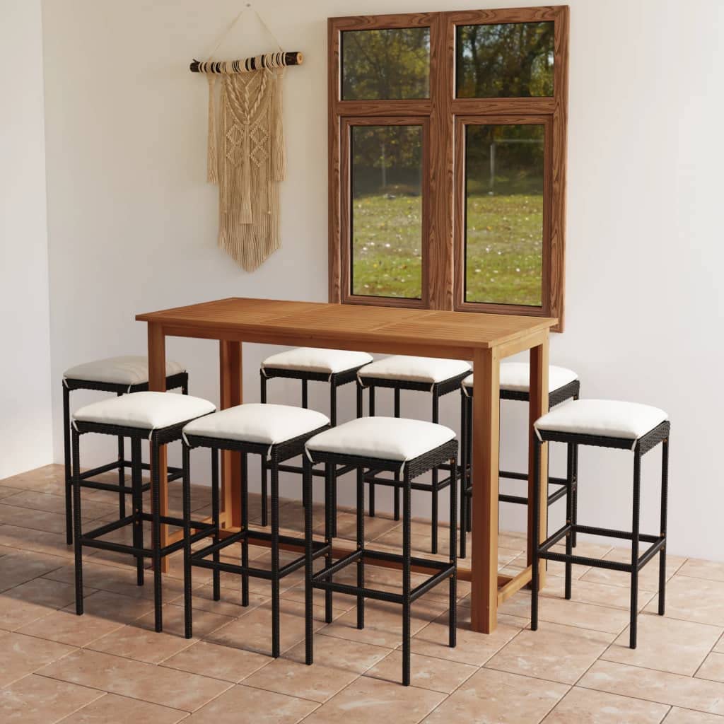 vidaXL 9-Piece Outdoor Patio Bar Set with Cushions - Solid Acacia Wood Table & Poly Rattan Bar Stools - Black & Cream Garden Furniture for Backyard, Poolside & Outdoor Entertaining