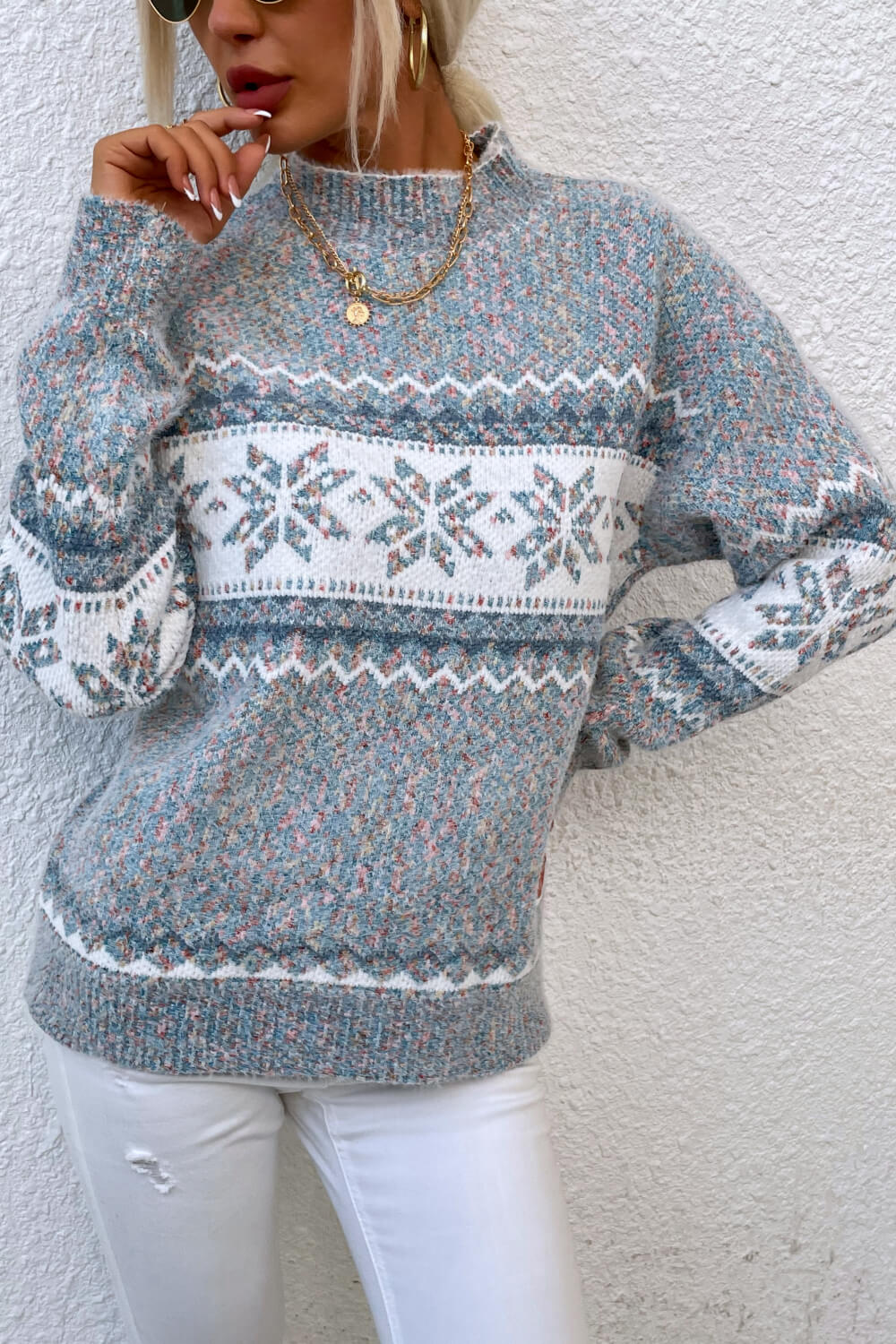 Snowflake Pattern Mock Neck Alpine Sweater - Cozy Winter Pullover for Women | Perfect for Christmas, Skiing & Holiday Gatherings