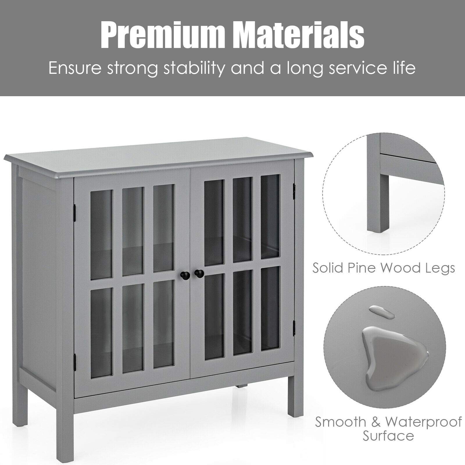 Modern Elegant Storage Buffet Cabinet Console Table Sideboard with Glass Door - Sturdy & Durable Free Standing Furniture for Bathroom, Hallway, Living Room - Perfect for Home Organization & Stylish Decor in Gray