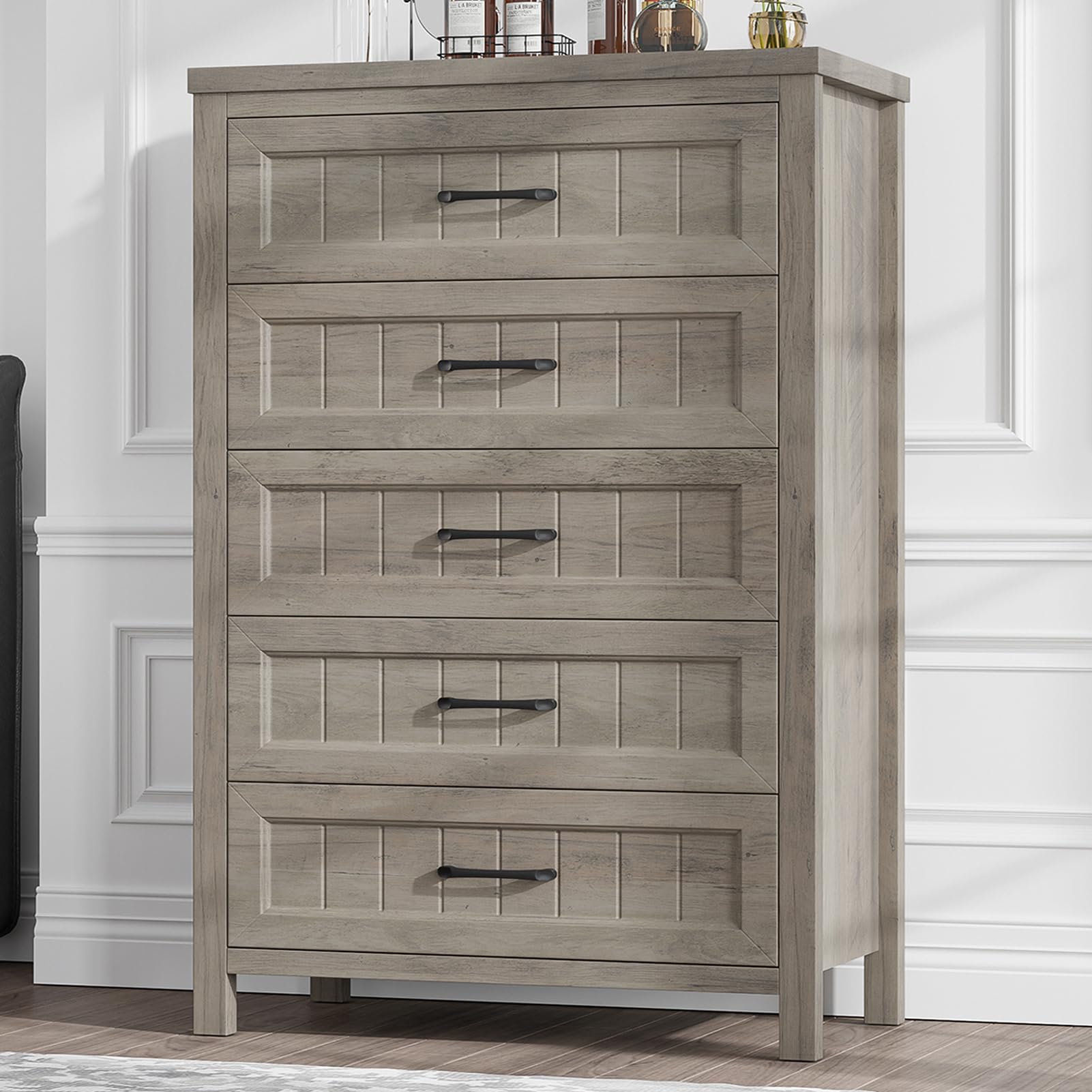 5-Drawer Farmhouse Dresser for Bedroom - Tall Grey Wooden Chest of Drawers with Deep Storage | Perfect for Living Room, Hallway & Entryway Organization (Grey, 5 Drawer) | Ideal for Small Space Storage & Home Decor