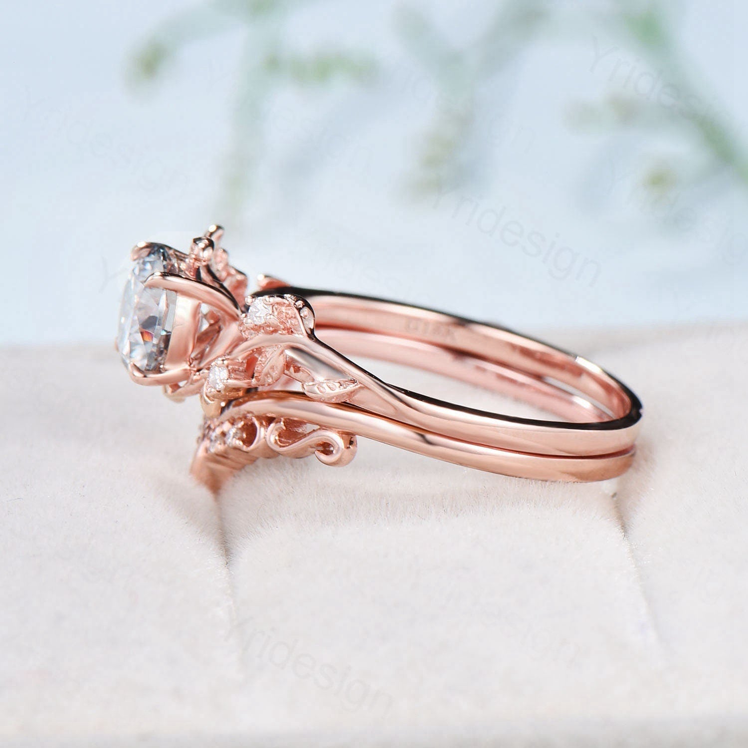Leaf Twig Gray Moissanite Engagement Ring Set - Platinum Moissanite Wedding Band for Women - Nature Inspired Leaves Bridal Jewelry - Perfect for Outdoor Weddings & Nature-Themed Proposals