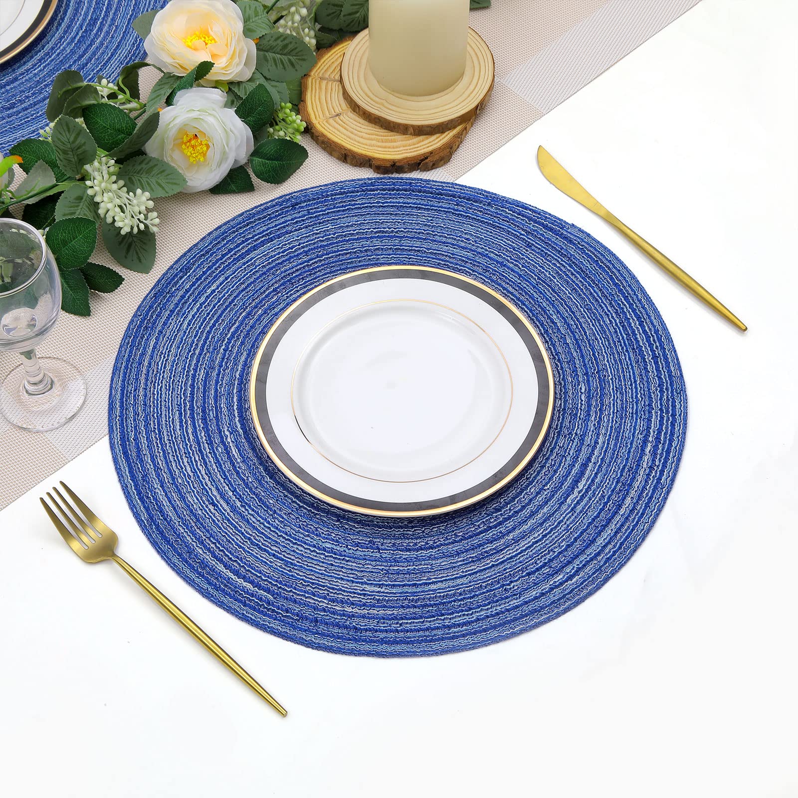SHACOS 15 Inch Round Braided Placemats Set of 6 - Washable Cotton Table Mats for Kitchen, Dining, Home Decor - Perfect for Wedding, Party & Everyday Use (Blue & White)