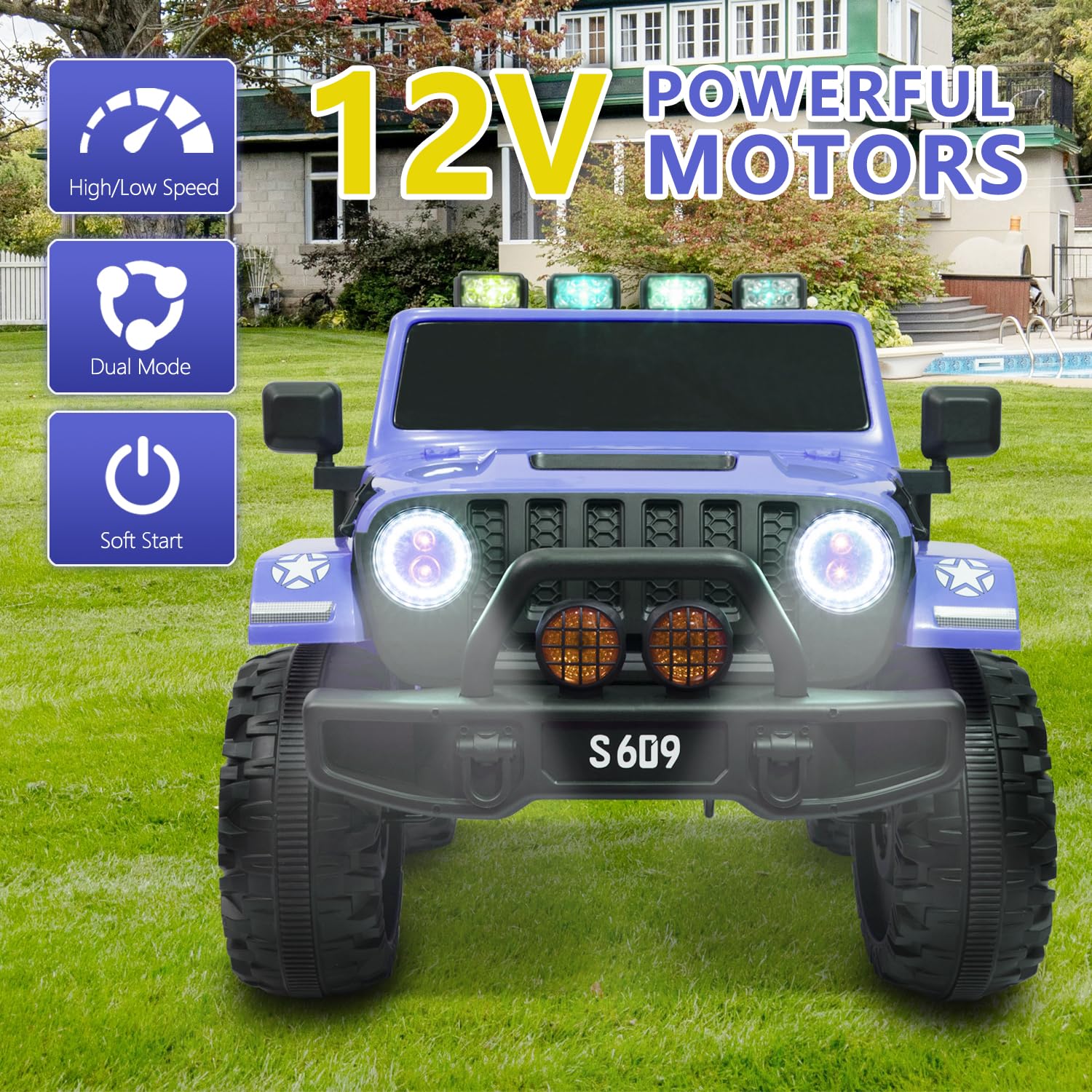 MOLACHI 12V Kids Ride on Car Truck - 2.4Ghz Remote Control Electric Vehicle for Toddlers with LED Lights, Bluetooth Music & Horn - 3 Speed Adjustable - Perfect for Birthday Gifts & Outdoor Play (Blue)