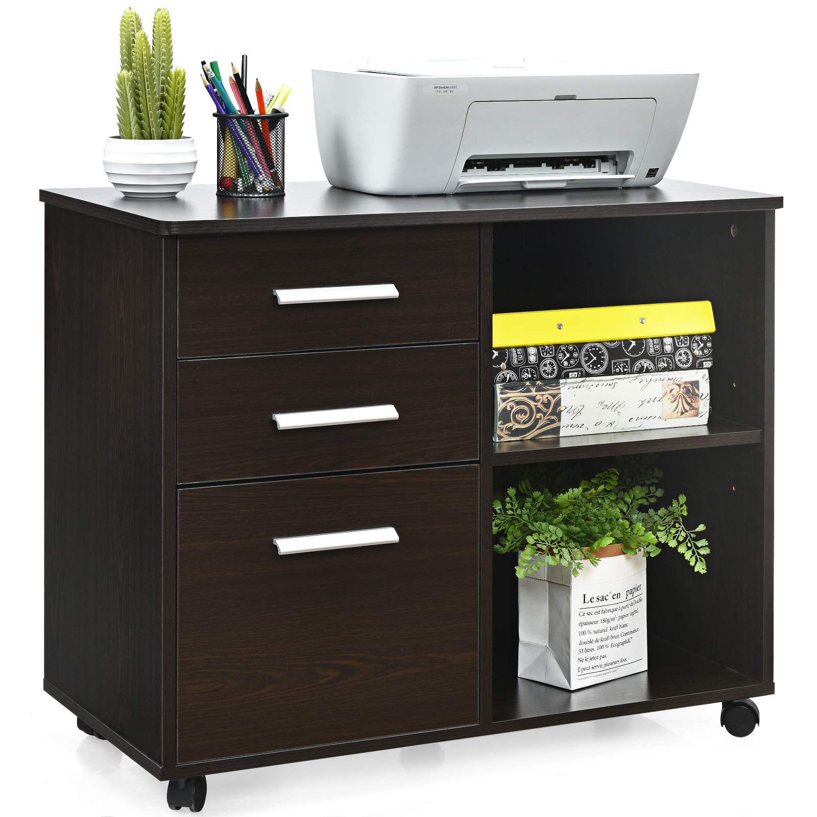 Giantex 3-Drawer Mobile File Cabinet with Wheels, Large Lateral Filing Cabinet & Printer Stand with Open Storage Shelves, Multifunctional Home Office Storage Organizer (Espresso) - Perfect for Document Organization & Workspace Efficiency