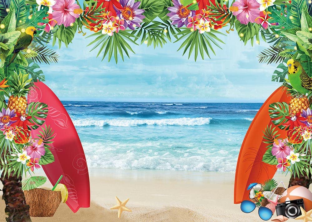 8x6FT Summer Tropical Beach Theme Photo Backdrop - Blue Sea, Conch Shells, Hawaii Flowers for Kids Birthday, Luau Party, Baby Shower Decor & Cake Table Photography Props | Perfect for Studio Shoots, Themed Events & Social Media Content