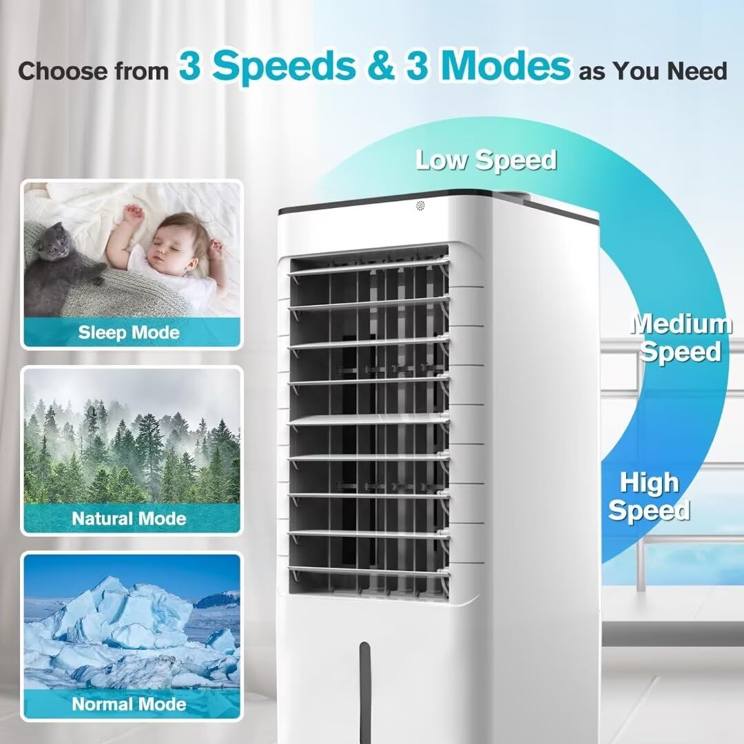 Portable Air Conditioner Without Window - 3-in-1 Ductless Evaporative Cooler with Remote Control, 12H Timer & 1.16 Gallon Water Tank, 3 Speed Modes & Oscillation - Quiet AC Unit for Bedroom, Home Office, Living Room & Small Spaces