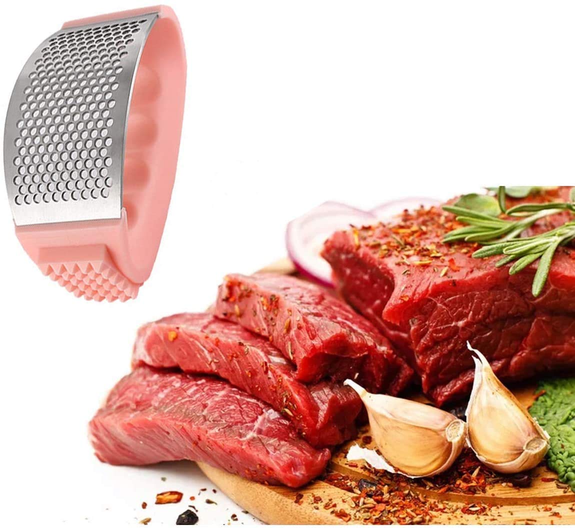 Premium Stainless Steel Garlic Press Rocker - 2-in-1 Garlic Crusher & Chopper with Silicone Peeler & Cleaning Brush - Heavy Duty Kitchen Gadget for Mincing, Grinding & Cutting Garlic - Perfect for Cooking, Meal Prep & Professional Kitchens (Pink)