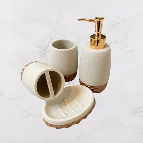 Honeycomb Bathroom Accessory Set - 4 Piece Vanity Organizer with Soap Dispenser, Toothbrush Holder, Toothbrush Cup & Soap Dish | Modern Bathroom Decor for Countertop Organization