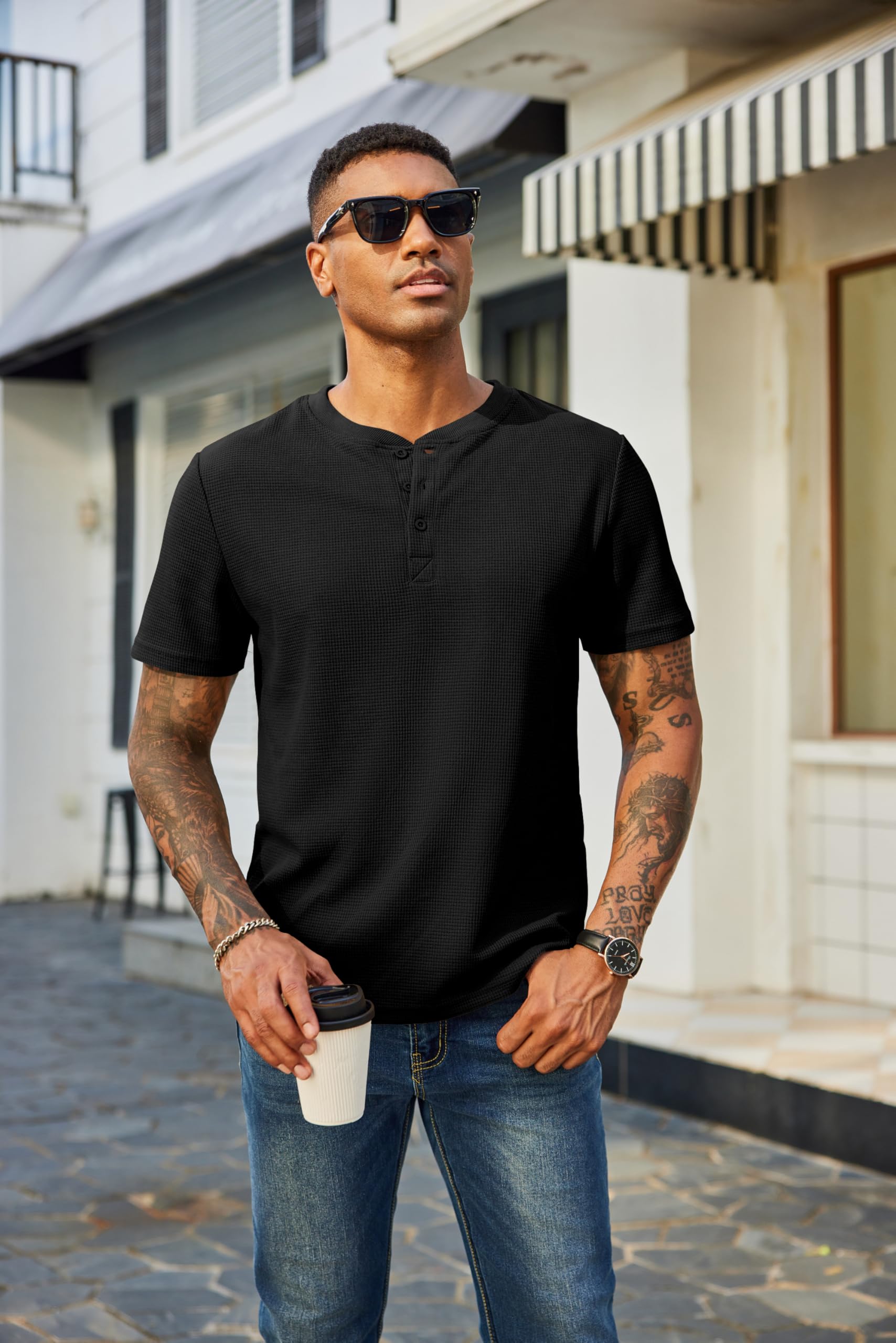 COOFANDY Men's Waffle Henley Short Sleeve Textured T-Shirt - Casual Button Up Tee Shirt | Heavyweight Summer Henley Top for Outdoor Activities & Date Nights