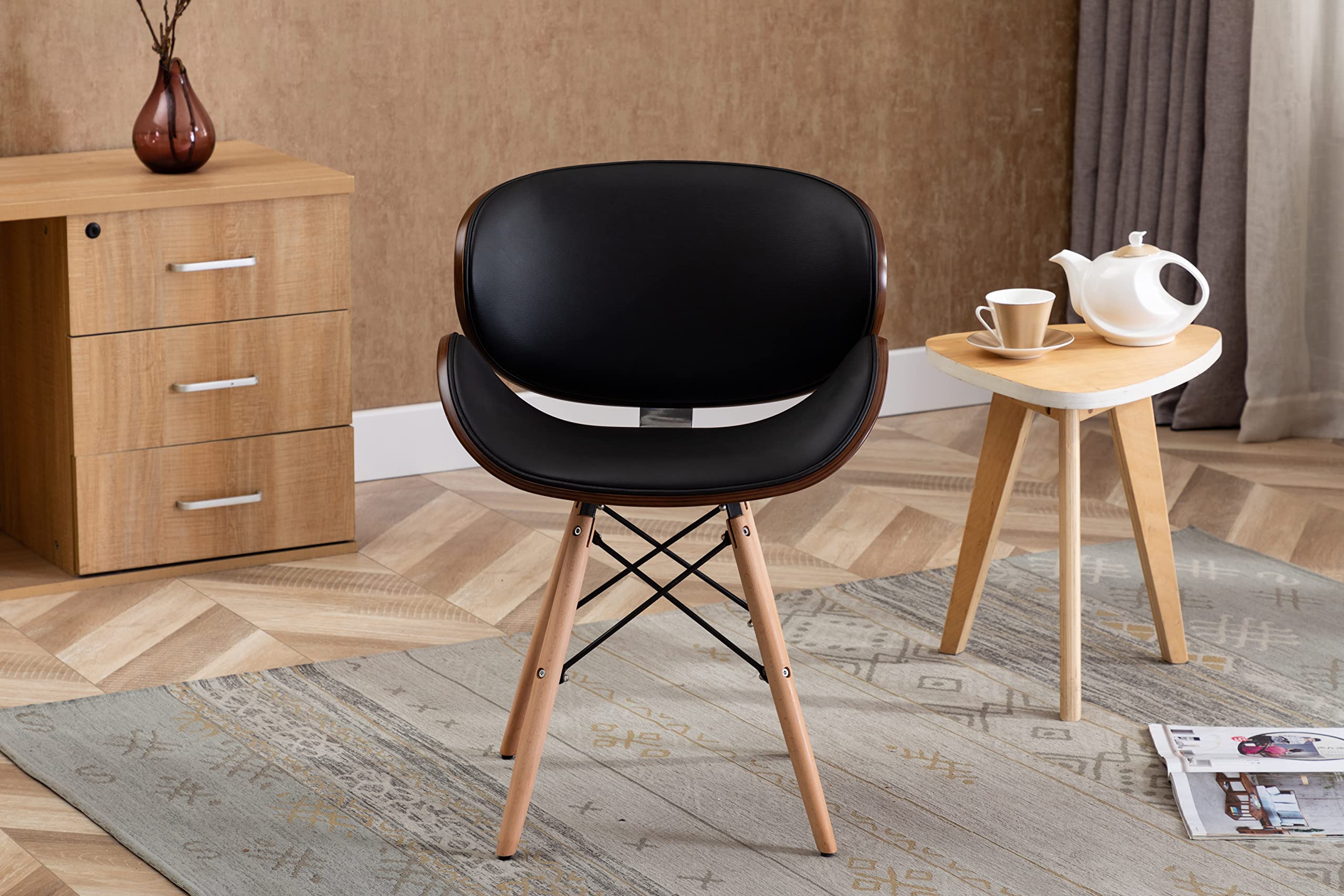 Vanity Art Mid Century Modern Dining Chair - Synthetic Leather Upholstery, Walnut Accent, Curved Back Design - Perfect for Kitchen, Dining Room & Living Room - Comfortable Seating for Home Decor & Entertaining (UC-9B)