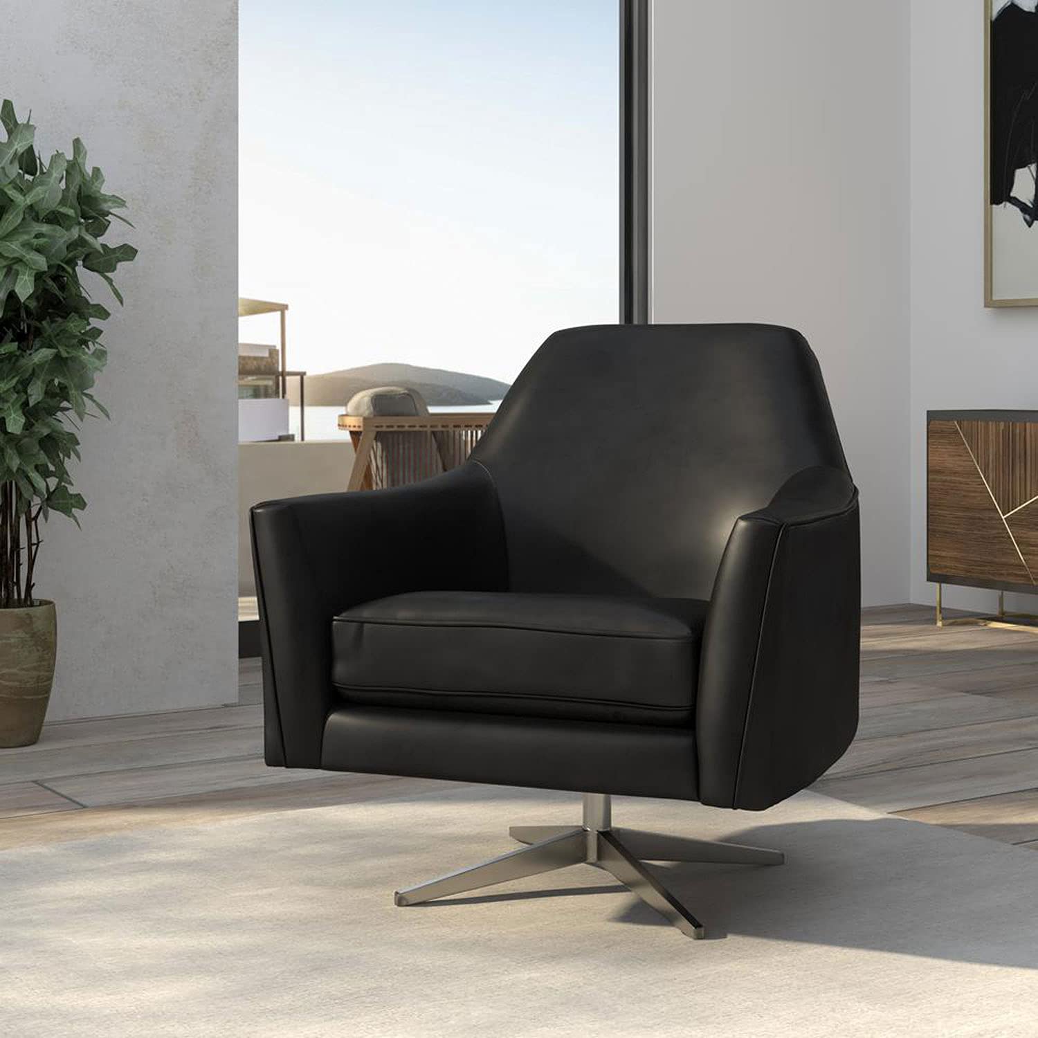 Phoenix Black Faux Leather Mid-Century Modern Swivel Arm Chair - Stylish Office & Living Room Accent Chair for Home Decor