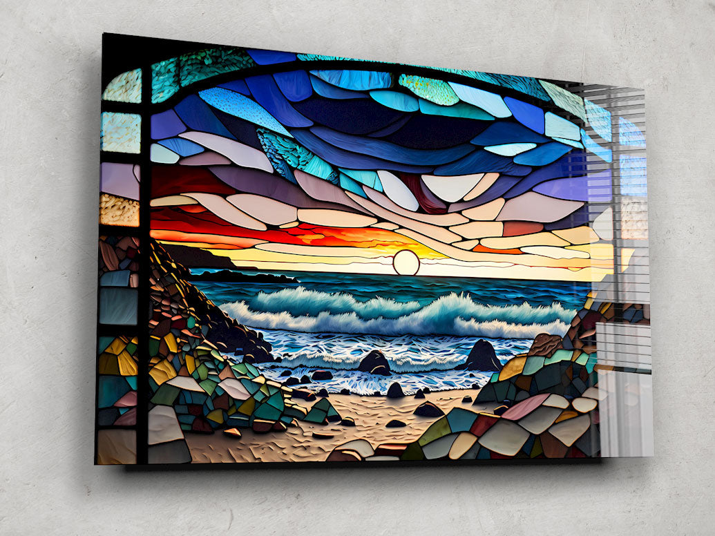 Abstract Coast Stained Glass Effect Wall Art - Handmade Modern Home Decor for Living Room, Bedroom & Office - Perfect for Bohemian, Coastal & Contemporary Interior Design Styles