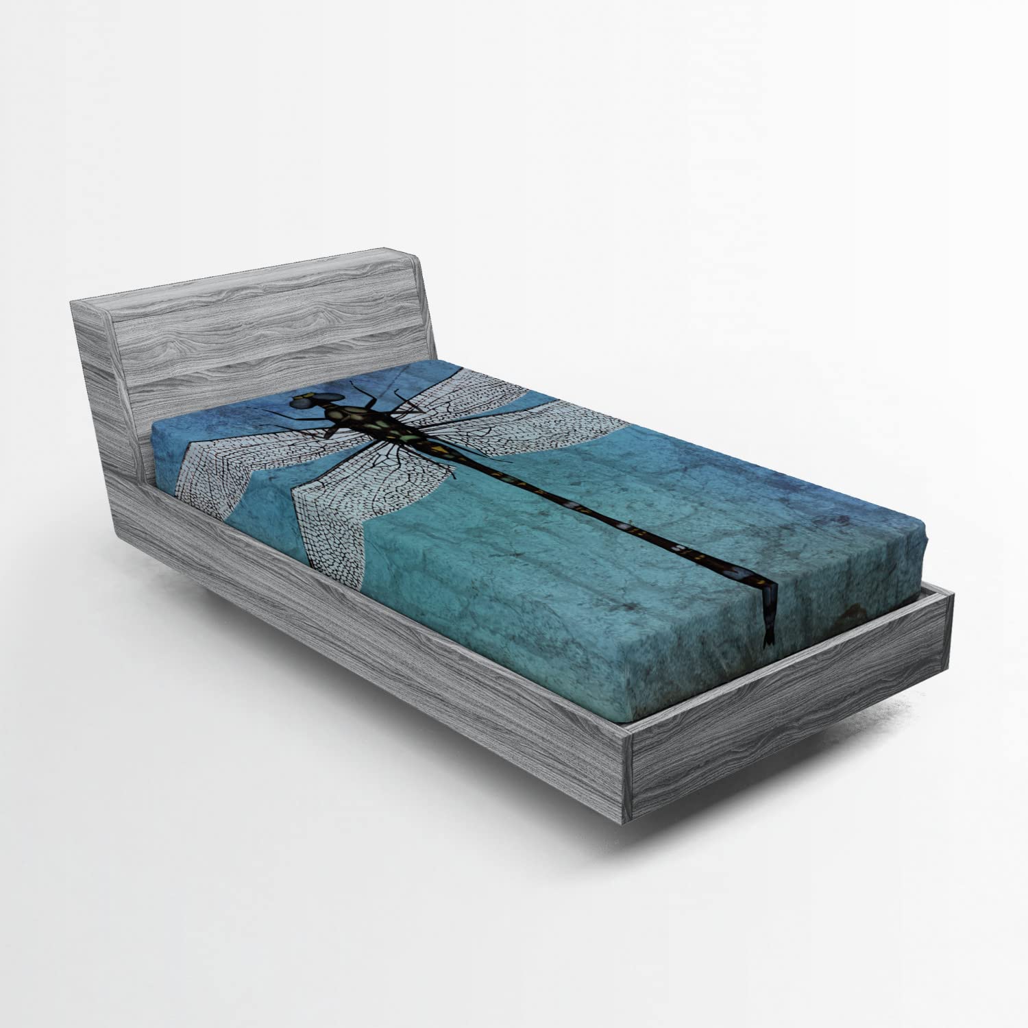 Ambesonne Dragonfly Fitted Sheet - Vintage Grunge Ombre Design with All-Around Elastic Deep Pocket - Twin Size Turquoise Dark Blue - Perfect for Bedrooms, Guest Rooms, and Dorm Decor