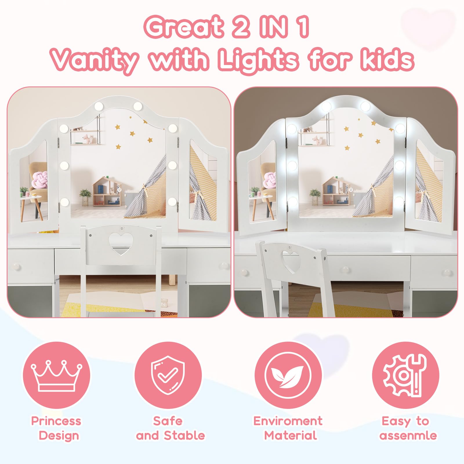 **Princess Makeup Vanity Set with Lights - Kids Vanity Desk with Storage, Touch Light & Detachable Mirror, 2-in-1 Wooden Vanity Table & Chair for Girls - Perfect for Bedroom, Playroom & Birthday Gifts**