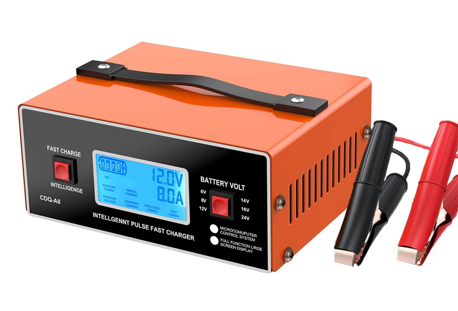 8V 10A Smart Car Battery Charger & Maintainer for 6/8/12/14/16/24V Lead-Acid Batteries - Automatic Charger with Cable Clamps & Handle - Perfect for Automotive, Golf Carts, Marine, RV & Power Sports (Orange)