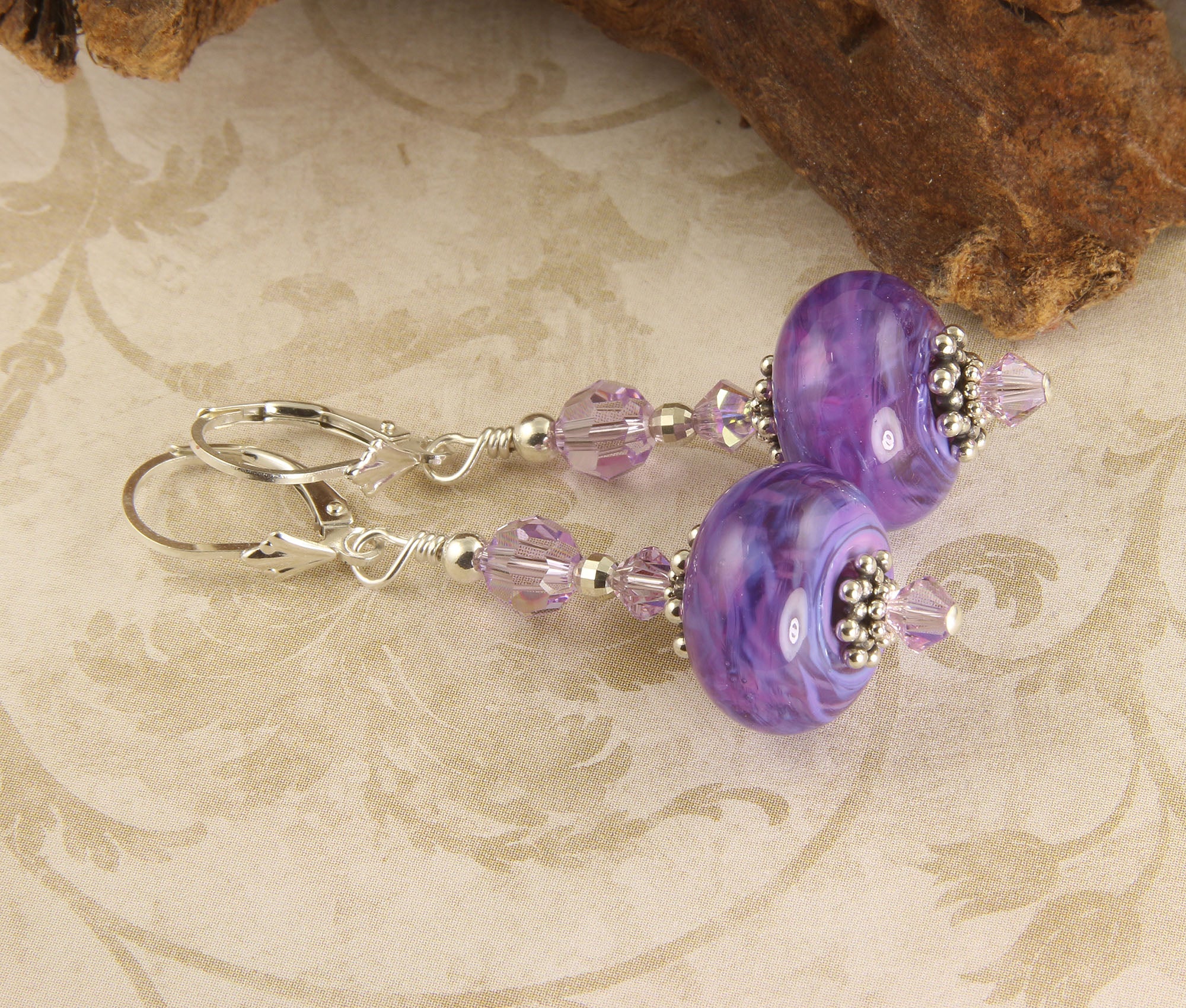 Handmade Cosmo Violet Lampwork Glass Bead Earrings for Women - Boho Chic Dangle Earrings for Party, Wedding & Everyday Wear