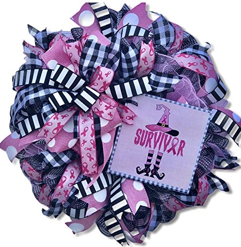 Survivor Witch Breast Cancer Awareness Wreath - Pink Ribbon Door Hanger for October Halloween & Breast Cancer Awareness Month | Home Decor, Front Door Welcome Sign, Office & Hospital Display