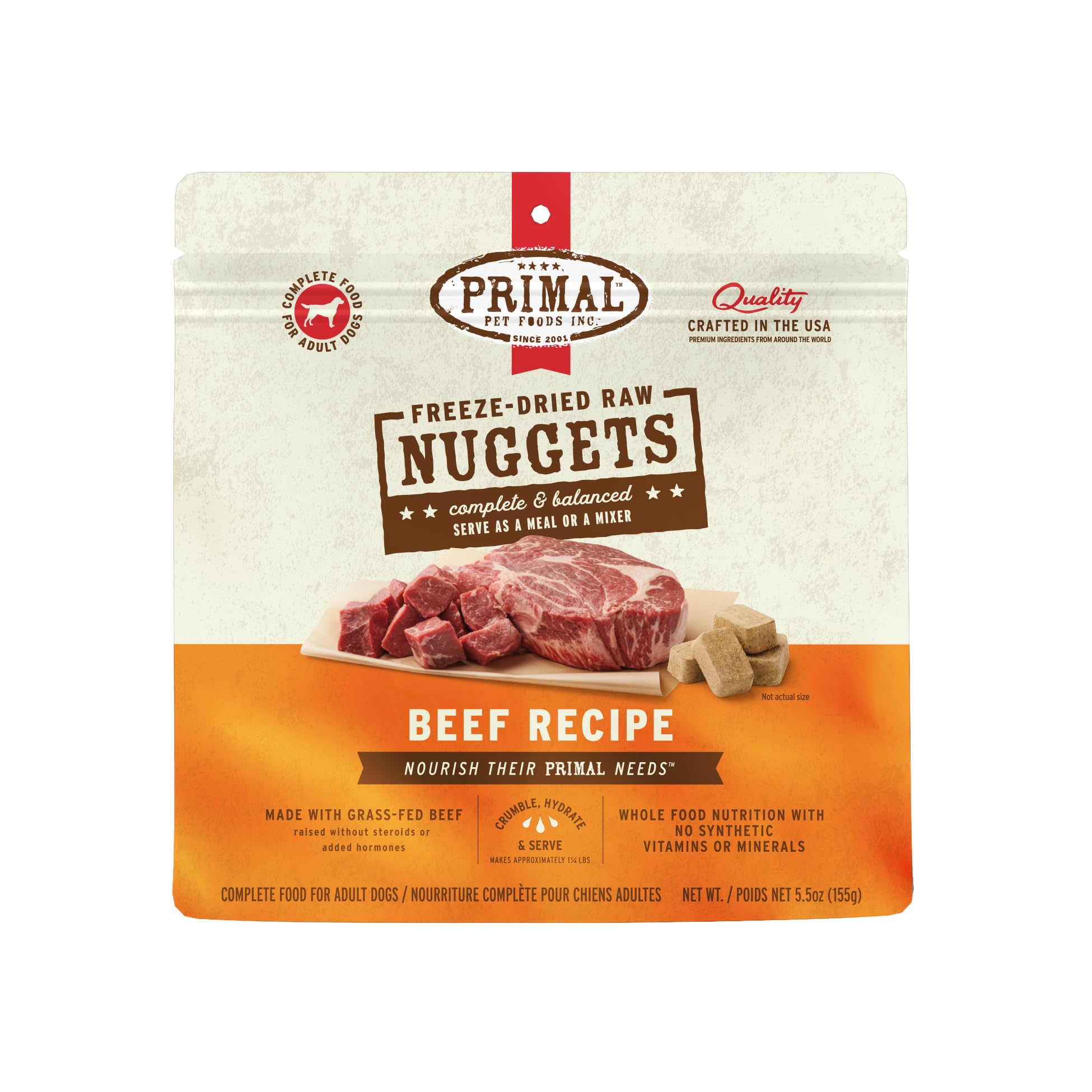 Primal Freeze Dried Raw Beef Dog Food Nuggets - Grain Free, High Protein Complete Meal & Treat Topper (5.5 oz) | Perfect for Active Dogs, Training Rewards & Digestive Health