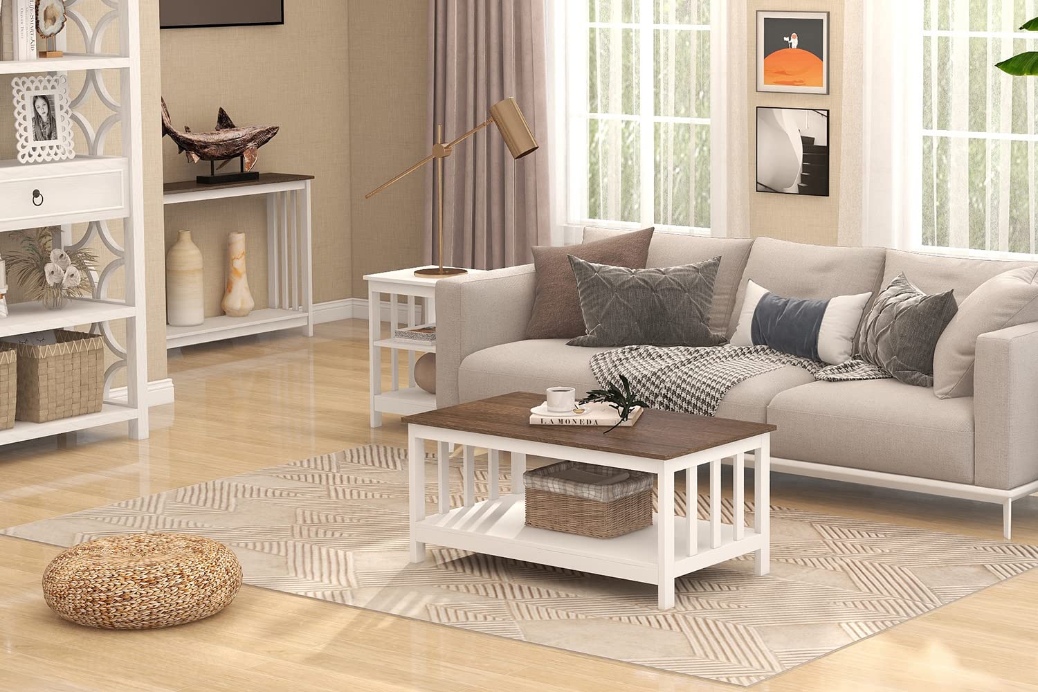 Farmhouse Coffee Table with Shelf - 40 Inch White Wooden Living Room Table for Rustic Home Decor | Perfect for Living Room, Lounge & Farmhouse Style Spaces