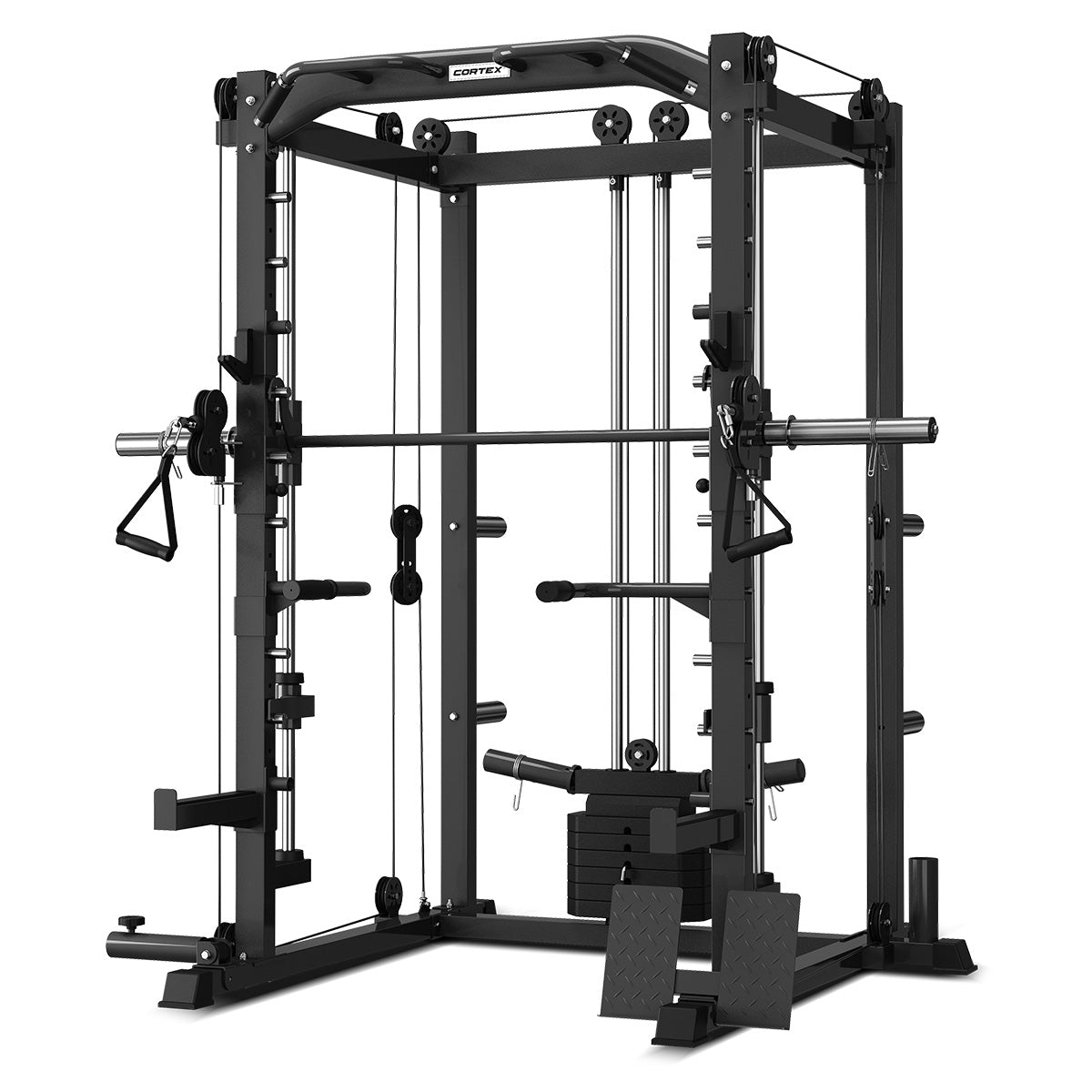 CORTEX SM 20 6-in-1 Power Rack with Smith Machine & Cable System + BN 9 Adjustable Weight Bench + 100kg Olympic Tri-Grip Weight Plates & Barbell Set - Home Gym Strength Training Equipment for Full Body Workouts